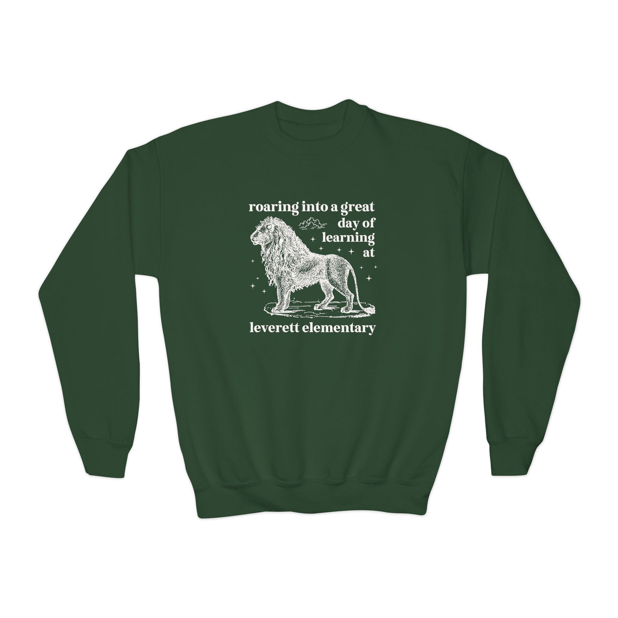 Leverett Elementary School Kids Sweatshirt: Roaring Into a Great Day of Learning | FPS + Opal and June Kids Sweatshirt, Fayetteville Public Schools - Opal and June
