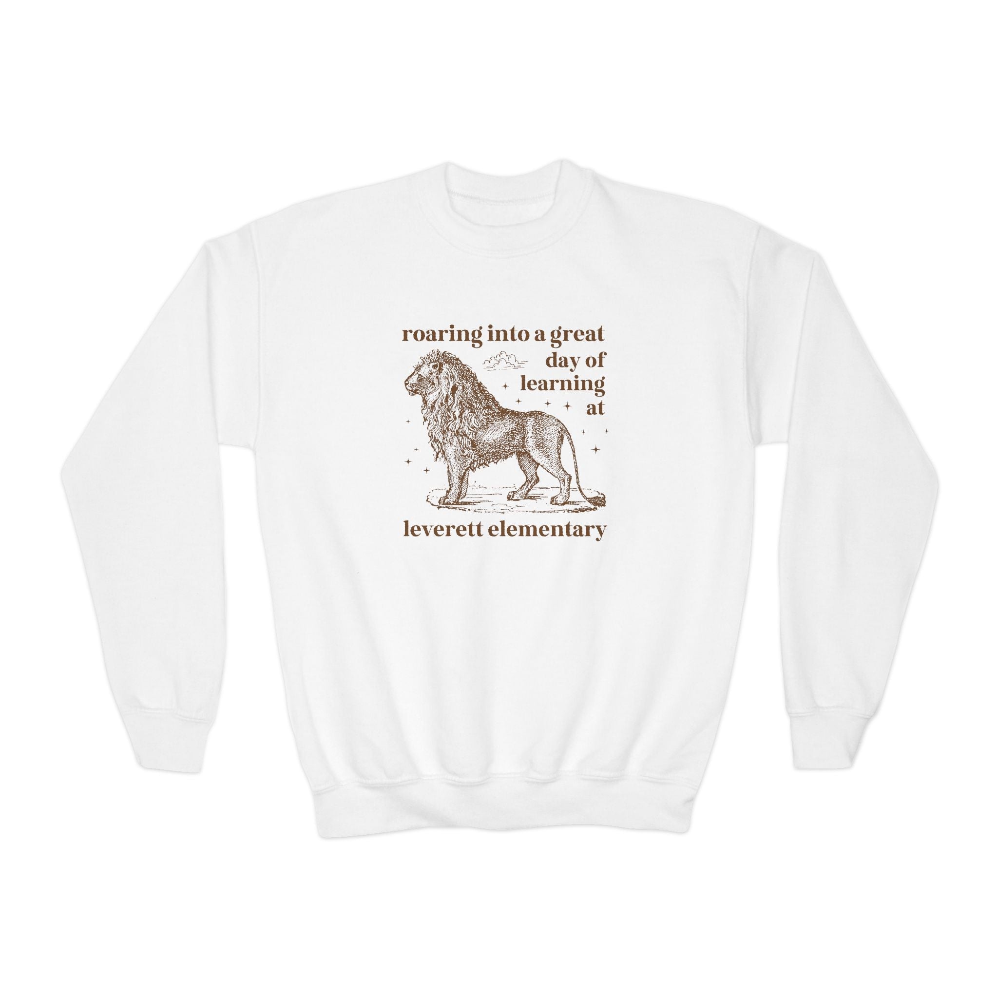 Leverett Elementary School Kids Sweatshirt: Roaring Into a Great Day of Learning | FPS + Opal and June Kids Sweatshirt, Fayetteville Public Schools - Opal and June