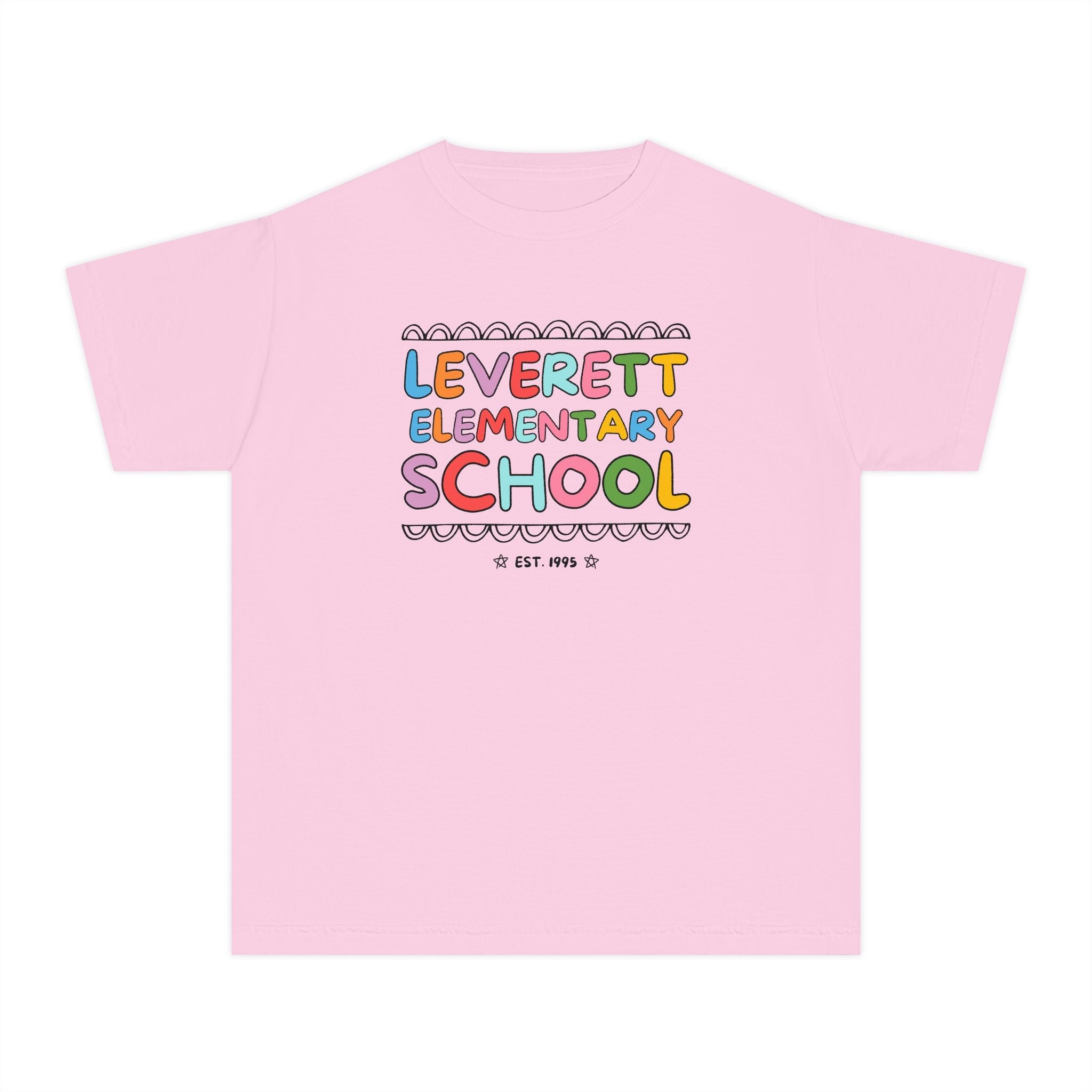 Leverett Elementary School Kids Tee Shirt: Rainbow Letters - Opal and June
