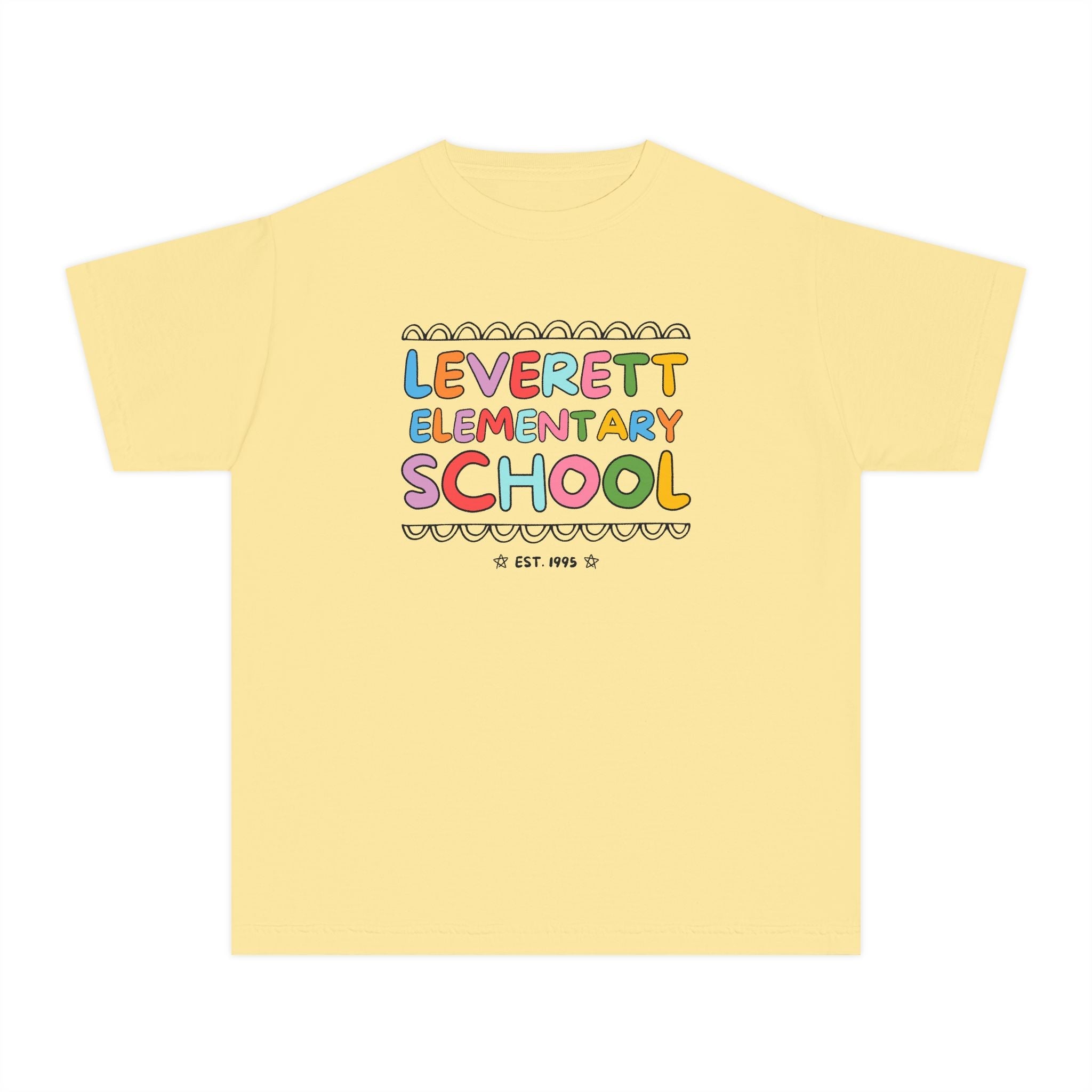 Leverett Elementary School Kids Tee Shirt: Rainbow Letters - Opal and June