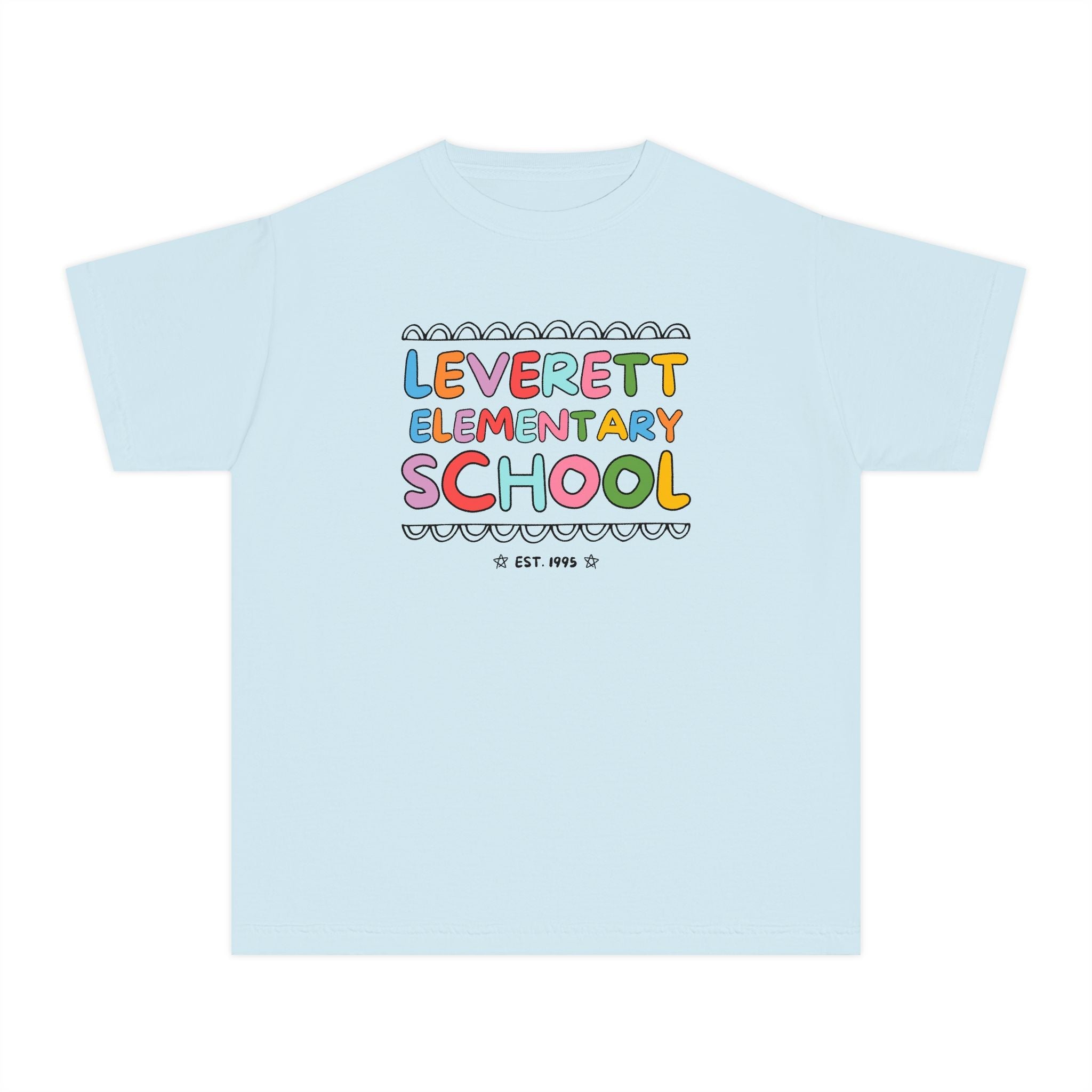 Leverett Elementary School Kids Tee Shirt: Rainbow Letters - Opal and June