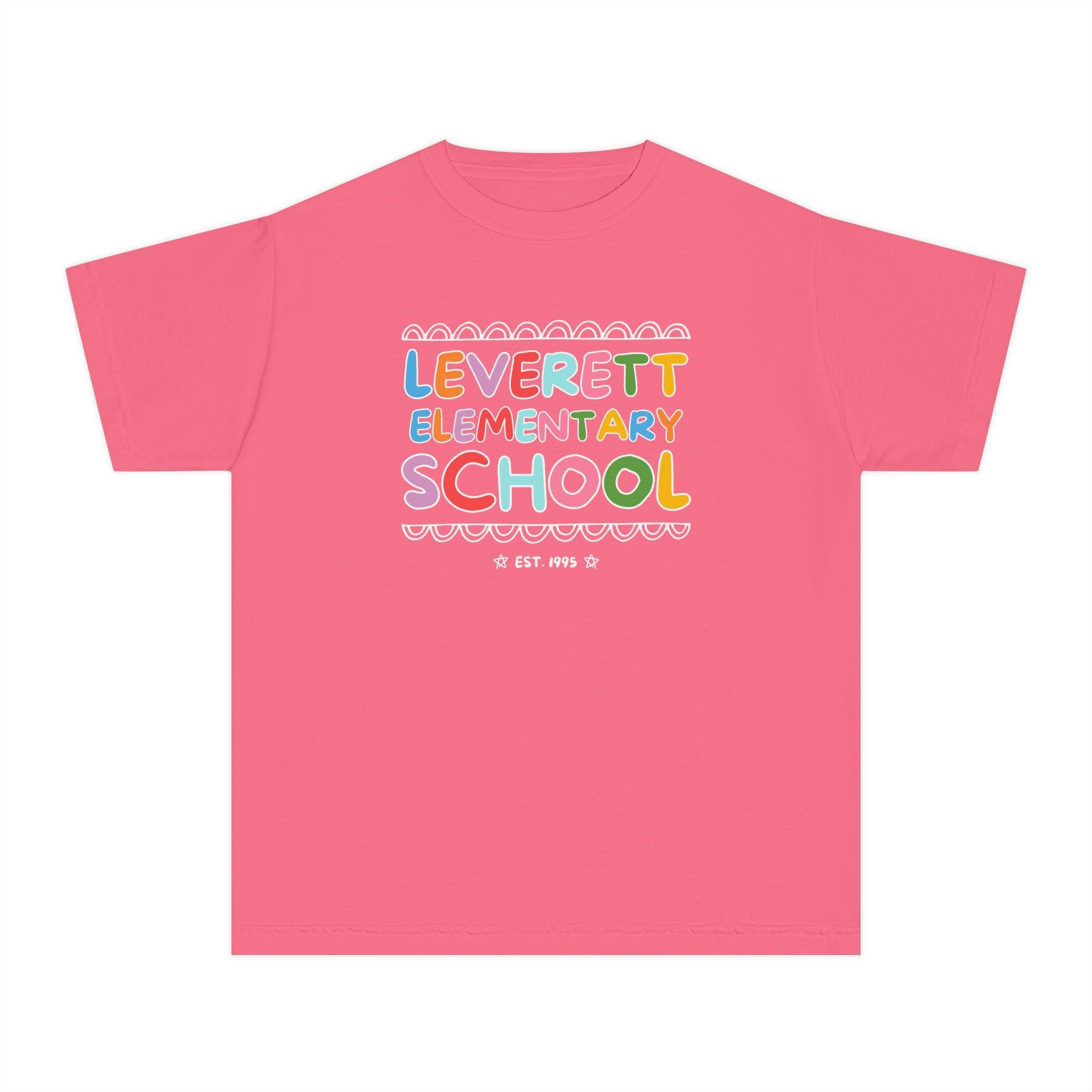 Leverett Elementary School Kids Tee Shirt: Rainbow Letters - Opal and June