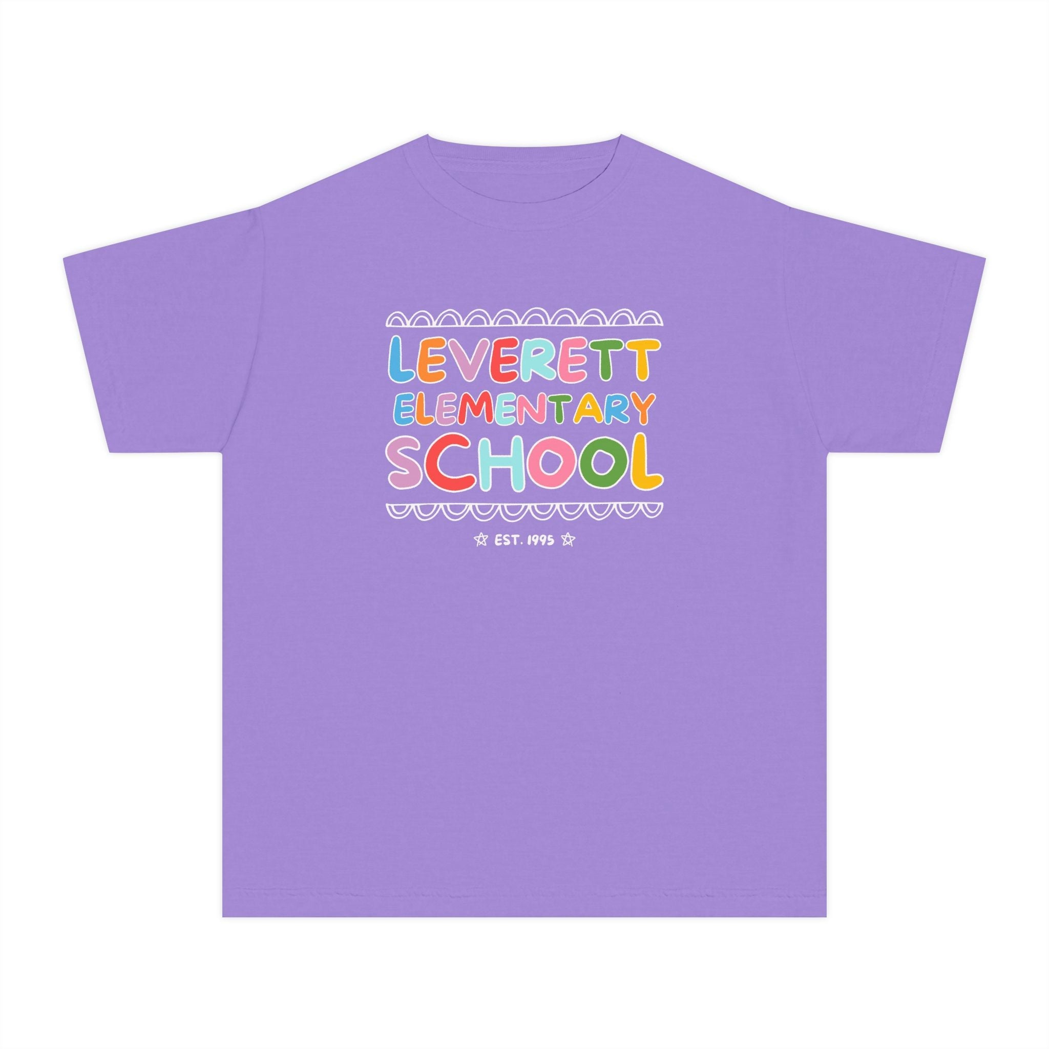 Leverett Elementary School Kids Tee Shirt: Rainbow Letters - Opal and June