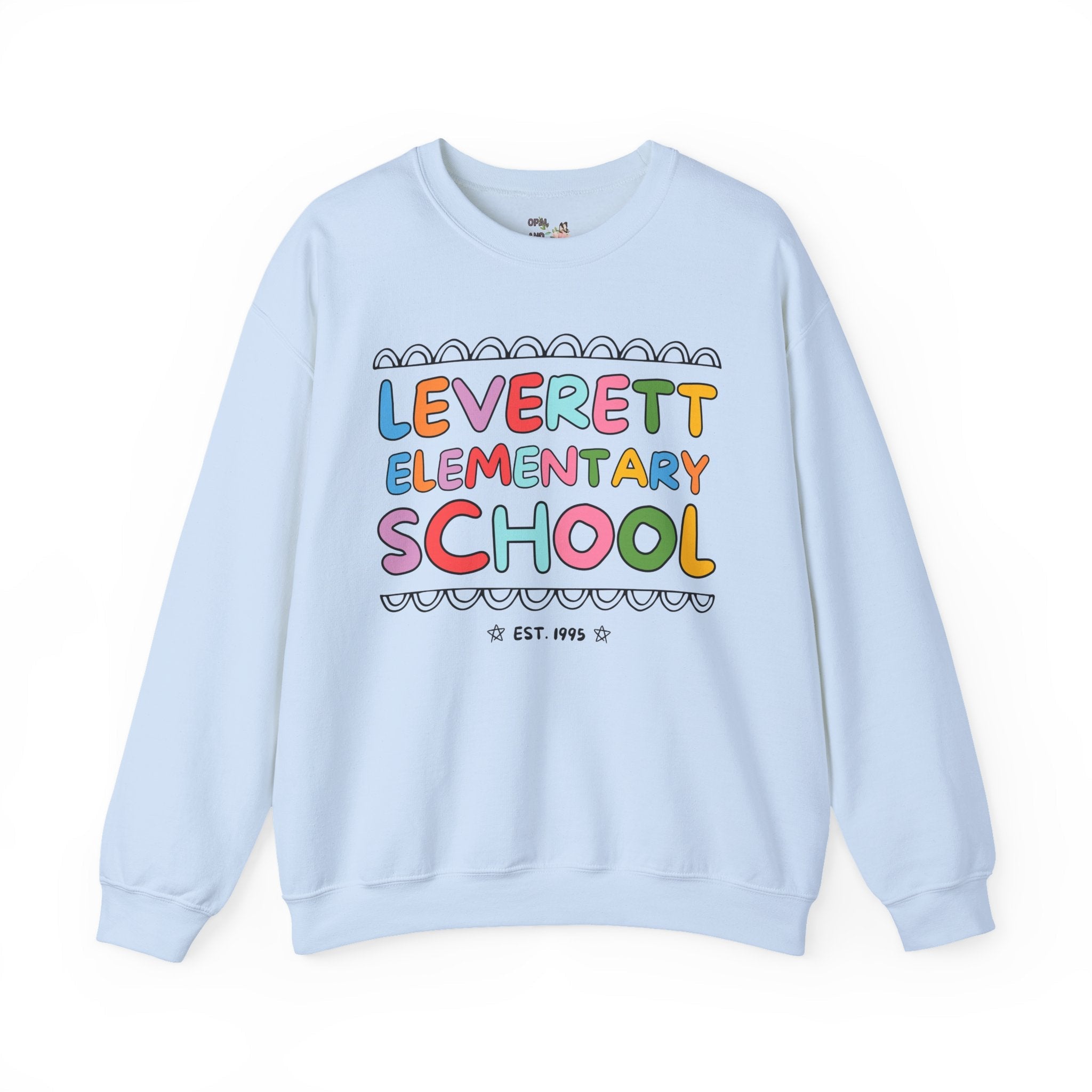 Leverett Elementary School Sweatshirt: Rainbow Letters | FPS + Opal and June Sweatshirt, Fayetteville Public Schools - Opal and June