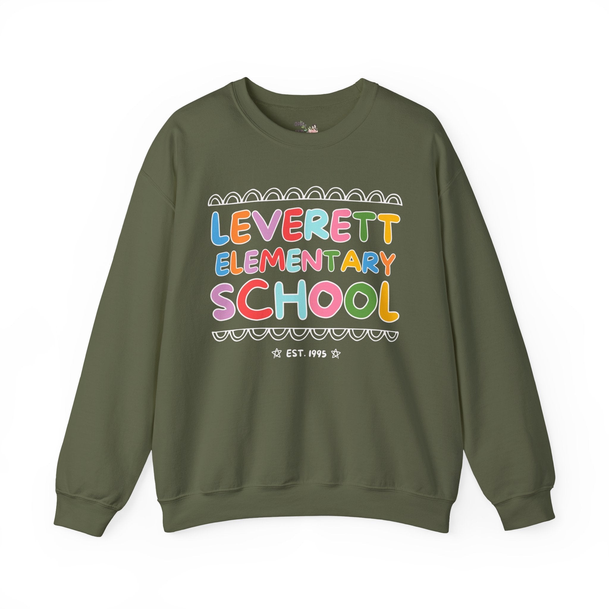 Leverett Elementary School Sweatshirt: Rainbow Letters | FPS + Opal and June Sweatshirt, Fayetteville Public Schools - Opal and June