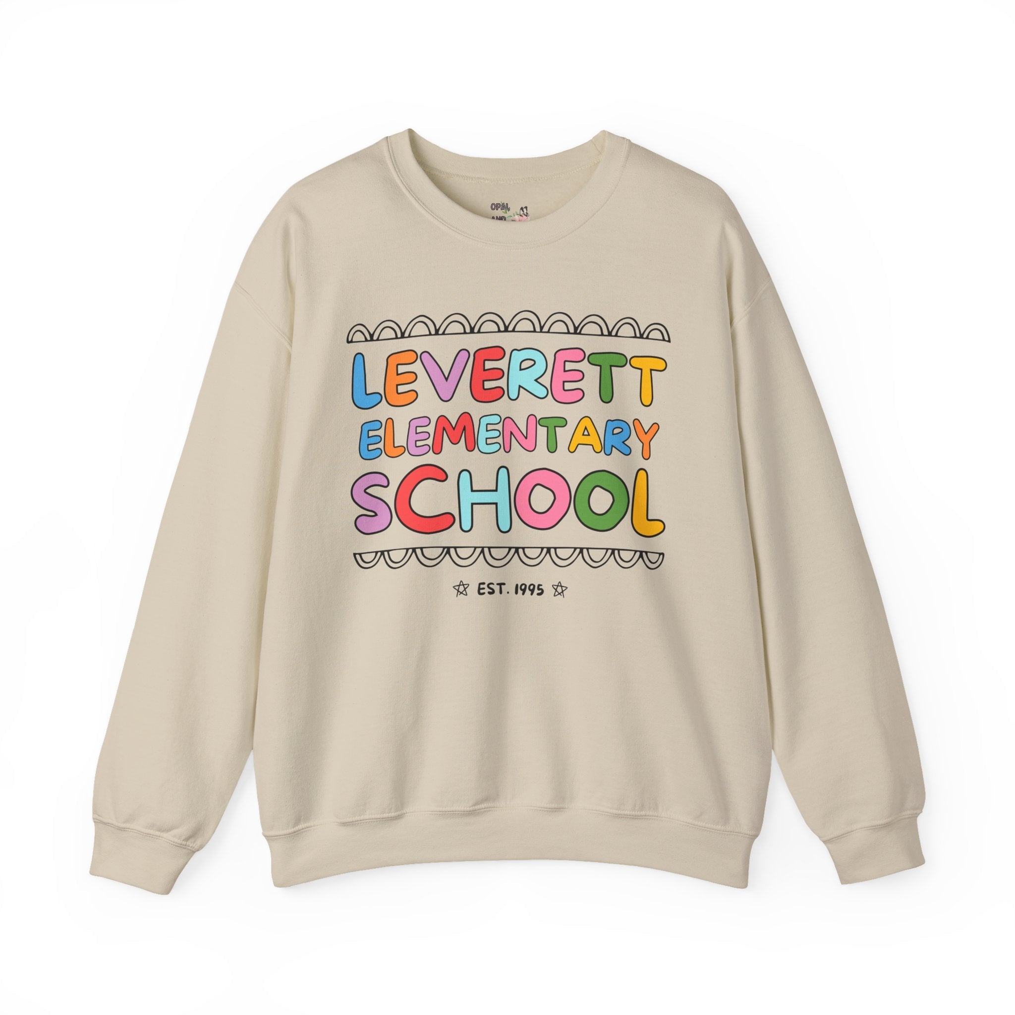 Leverett Elementary School Sweatshirt: Rainbow Letters | FPS + Opal and June Sweatshirt, Fayetteville Public Schools - Opal and June