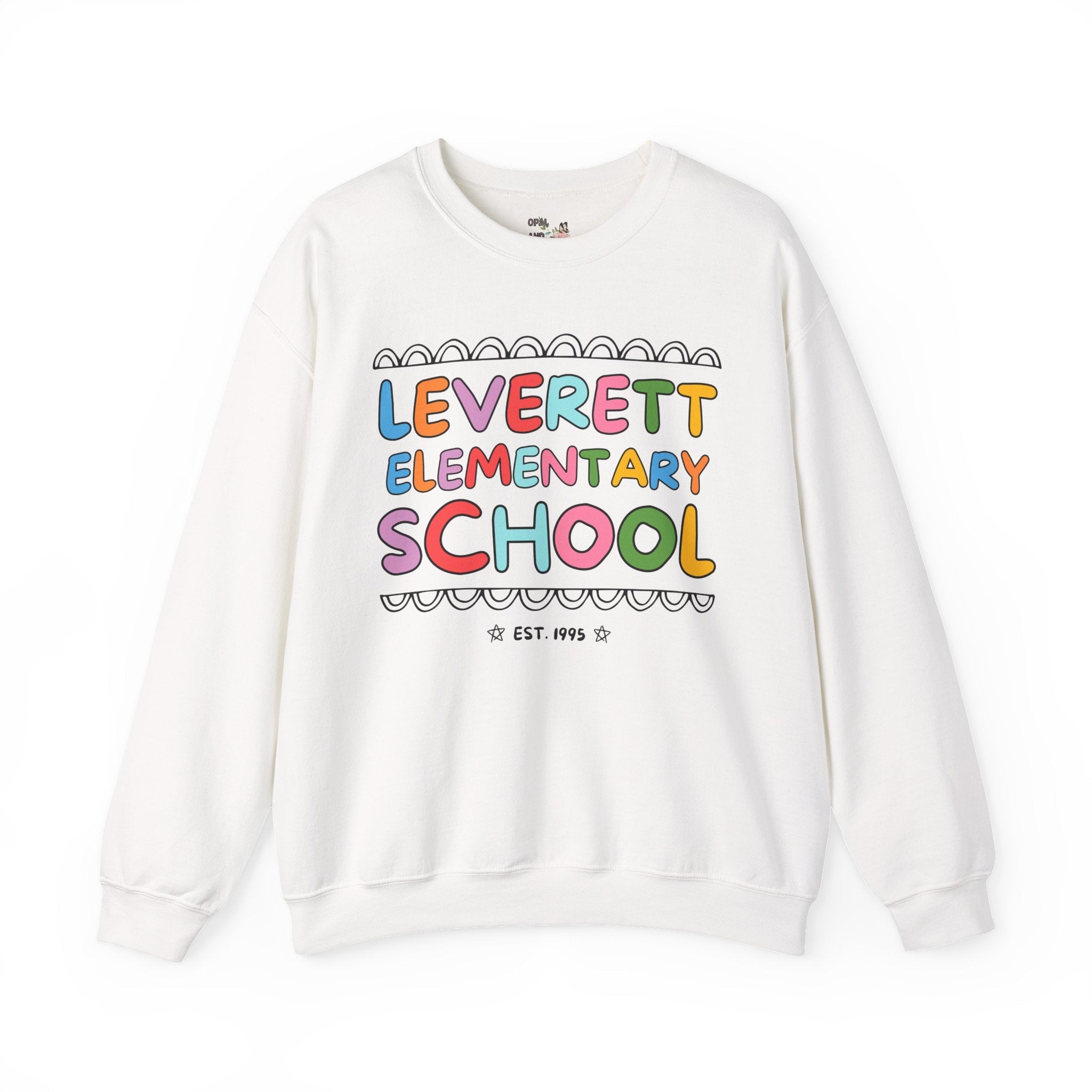 Leverett Elementary School Sweatshirt: Rainbow Letters | FPS + Opal and June Sweatshirt, Fayetteville Public Schools - Opal and June