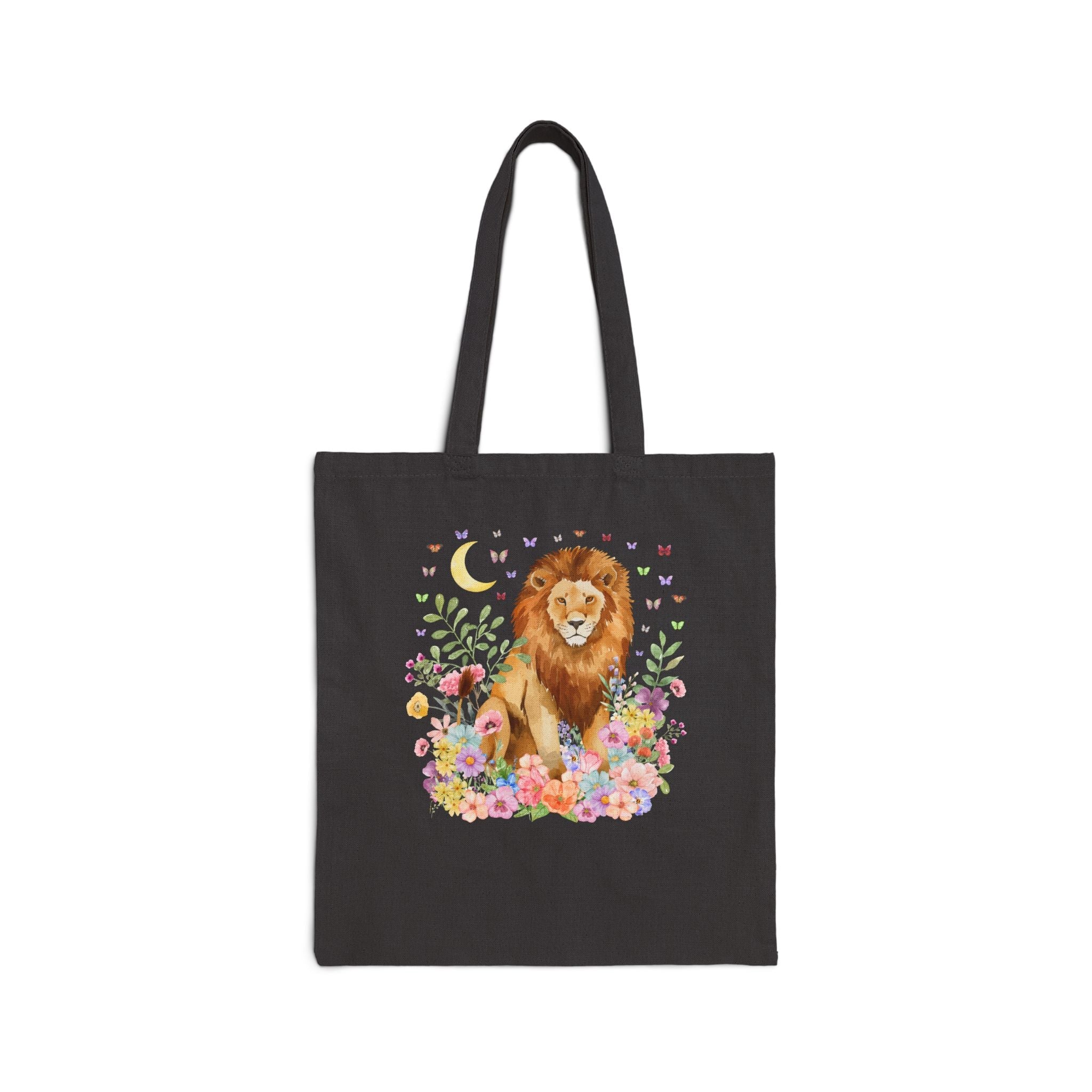 Lion Goblincore Tote Bag with Flowers: Cute Butterfly Lover Tote Bag for Animal Lover, Tote for Trip to Zoo, Gift for Friend Who Loves Lions - Opal and June