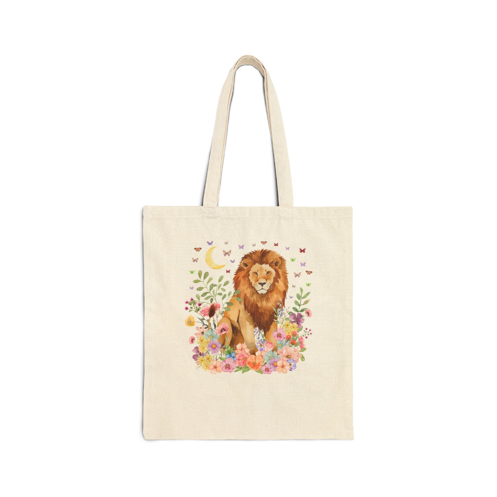 Lion Goblincore Tote Bag with Flowers: Cute Butterfly Lover Tote Bag for Animal Lover, Tote for Trip to Zoo, Gift for Friend Who Loves Lions - Opal and June