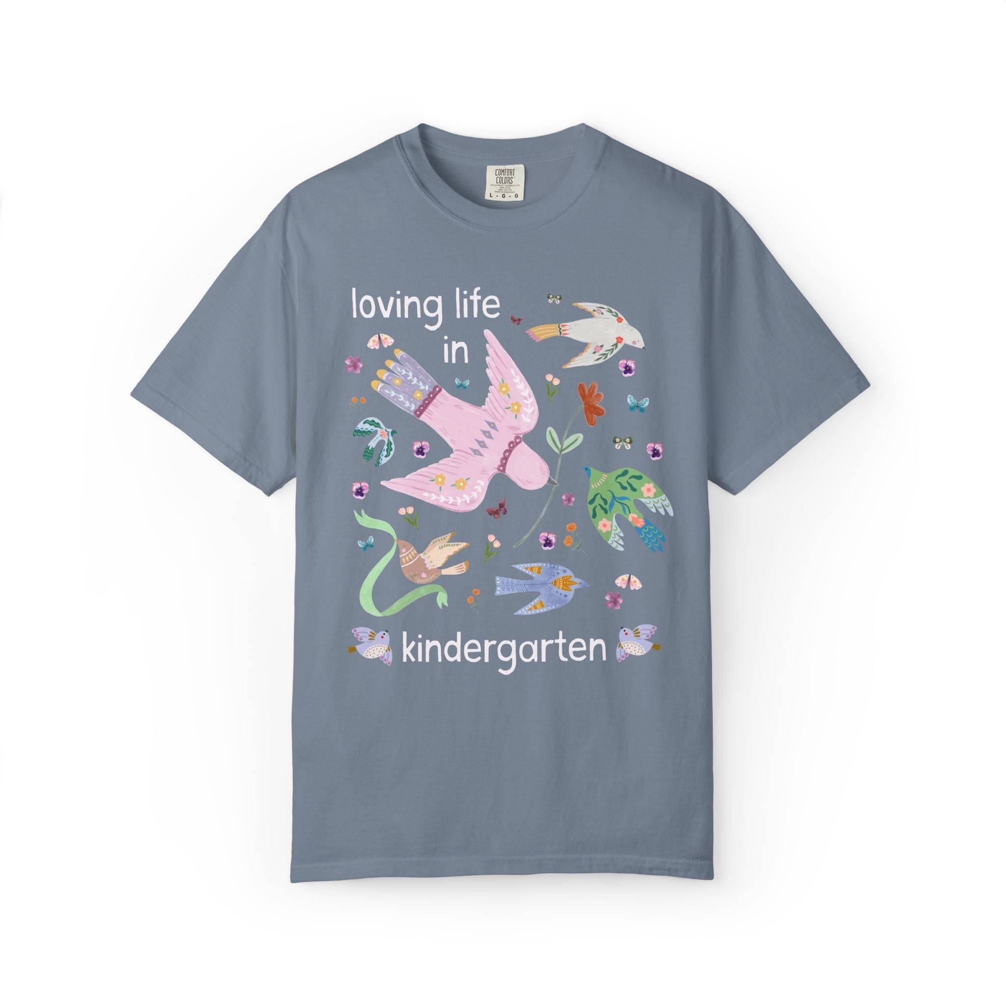 Loving Life in Kindergarten: Matching Teacher Team T-Shirt with Cottagecore Floral Doves, Cute Animal Lover, Bird Lover Paraprofessional Tee - Opal and June