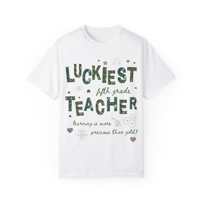 Luckiest Fifth Grade Teacher Tee Shirt for St Patrick's Day: Cute Floral T-Shirt with Doodles for Elementary Education Student Teacher - Opal and June