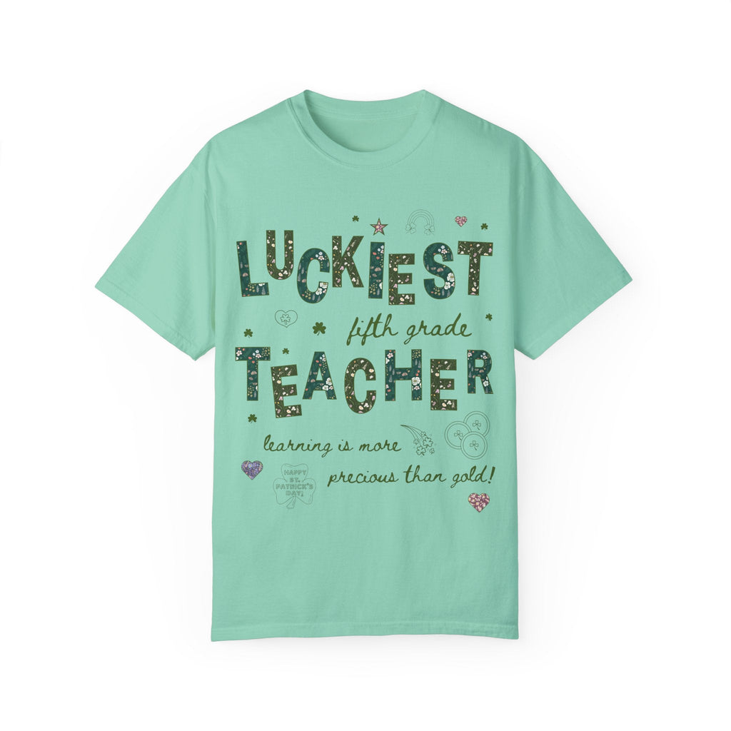 Luckiest Fifth Grade Teacher Tee Shirt for St Patrick's Day: Cute Floral T-Shirt with Doodles for Elementary Education Student Teacher - Opal and June