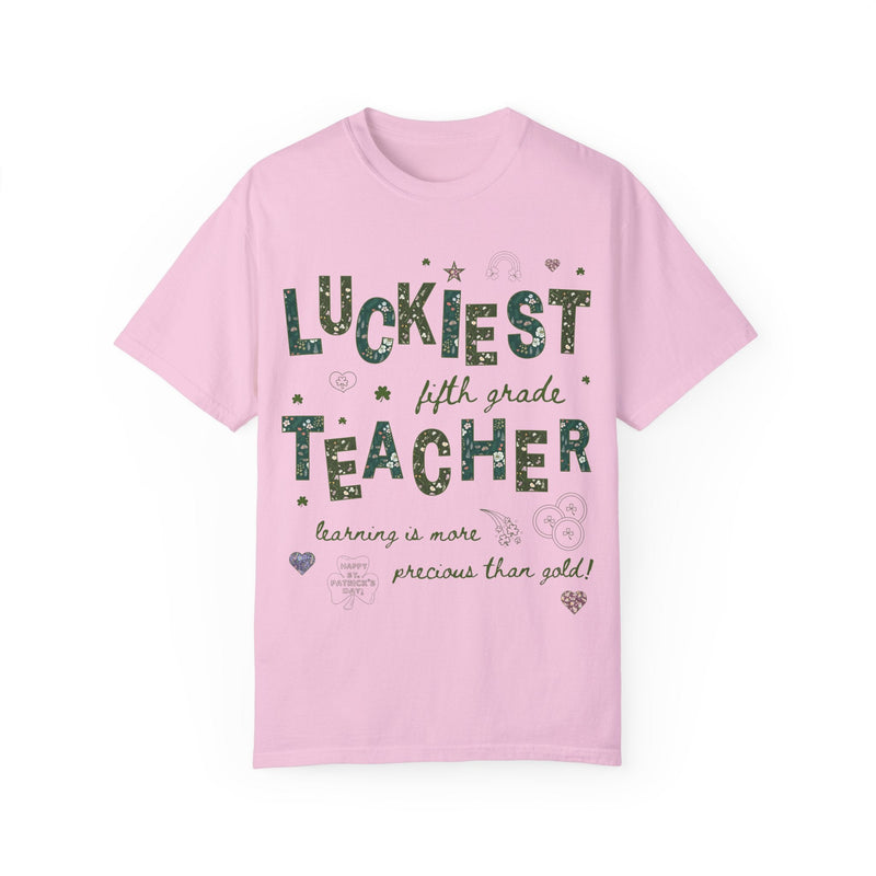 Luckiest Fifth Grade Teacher Tee Shirt for St Patrick's Day: Cute Floral T-Shirt with Doodles for Elementary Education Student Teacher - Opal and June