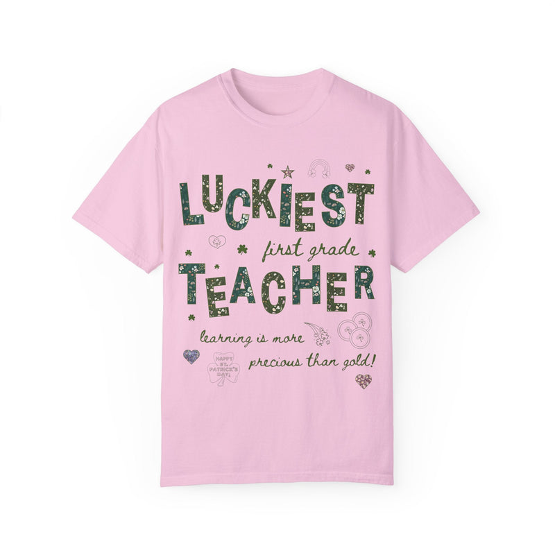 Luckiest First Grade Teacher Tee Shirt for St Patrick's Day: Cute Floral T-Shirt with Doodles for Elementary Education Student Teacher - Opal and June