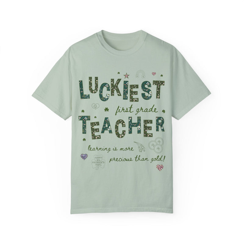 Luckiest First Grade Teacher Tee Shirt for St Patrick's Day: Cute Floral T-Shirt with Doodles for Elementary Education Student Teacher - Opal and June