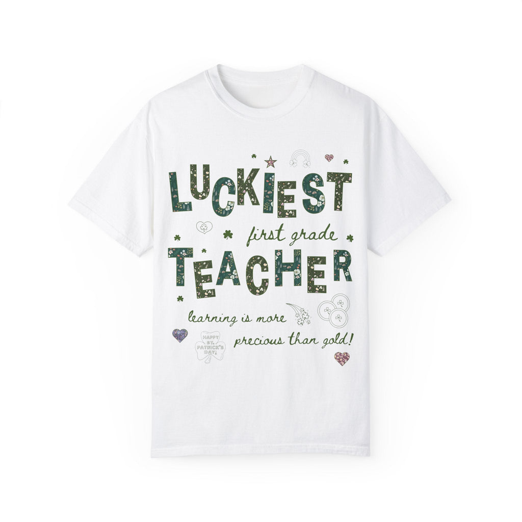 Luckiest First Grade Teacher Tee Shirt for St Patrick's Day: Cute Floral T-Shirt with Doodles for Elementary Education Student Teacher - Opal and June