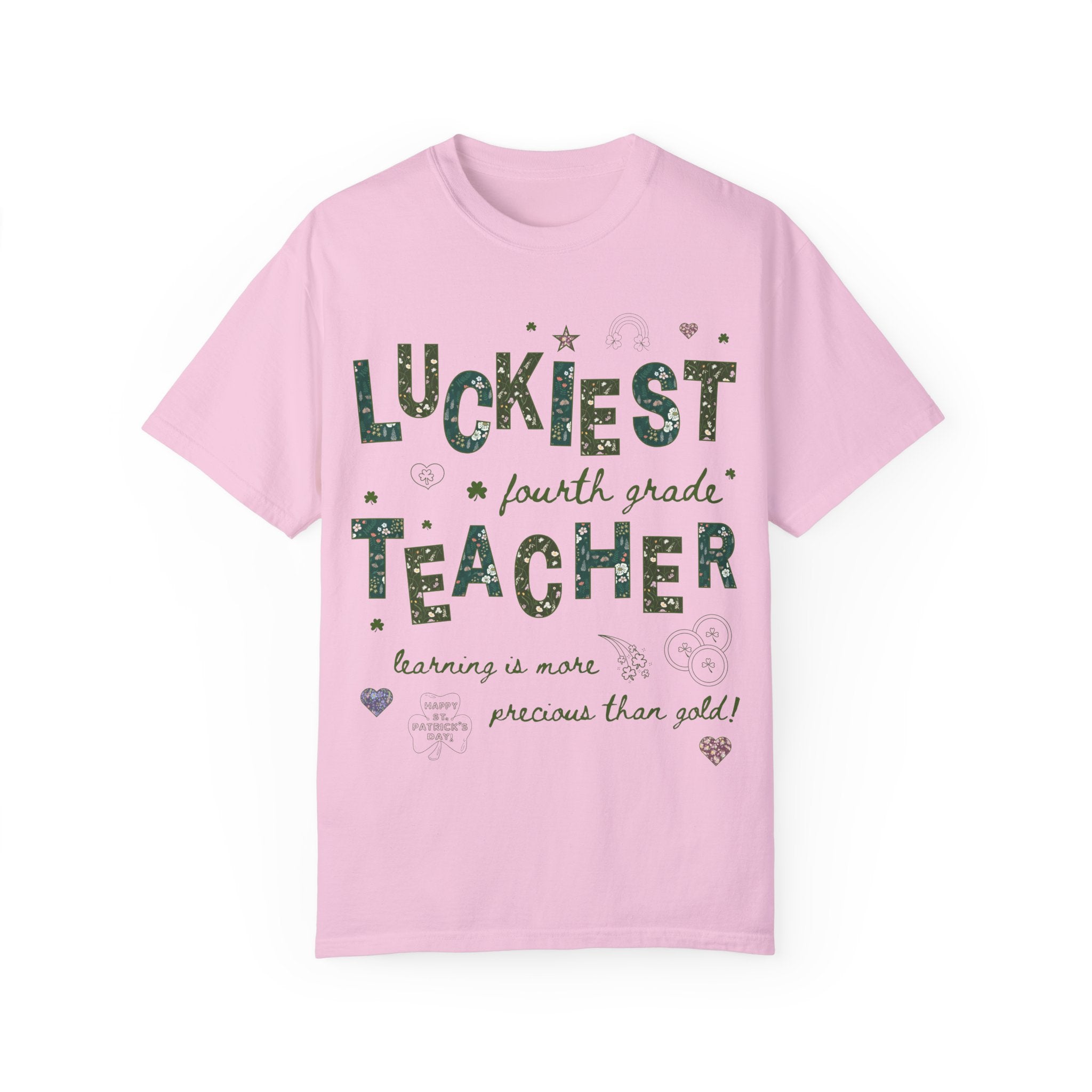 Luckiest Fourth Grade Teacher Tee Shirt for St Patrick's Day: Cute Floral T-Shirt with Doodles for Elementary Education Student Teacher - Opal and June
