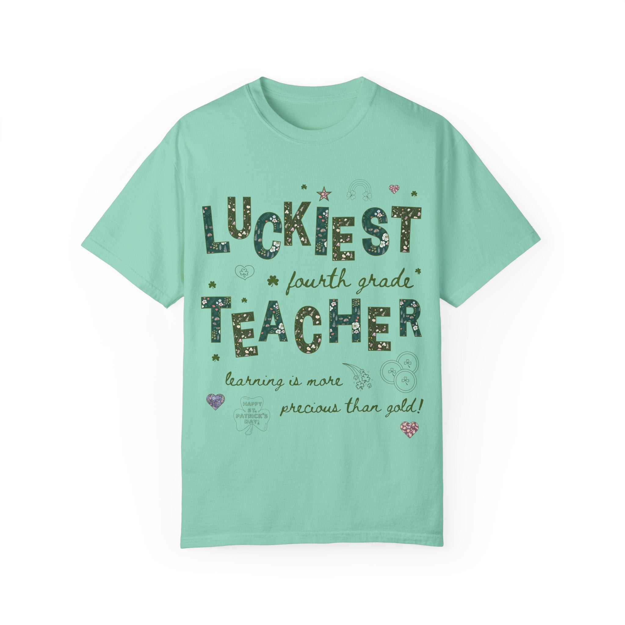 Luckiest Fourth Grade Teacher Tee Shirt for St Patrick's Day: Cute Floral T-Shirt with Doodles for Elementary Education Student Teacher - Opal and June