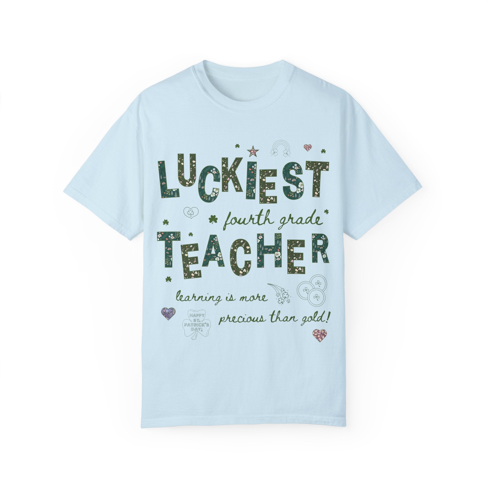 Luckiest Fourth Grade Teacher Tee Shirt for St Patrick's Day: Cute Floral T-Shirt with Doodles for Elementary Education Student Teacher - Opal and June