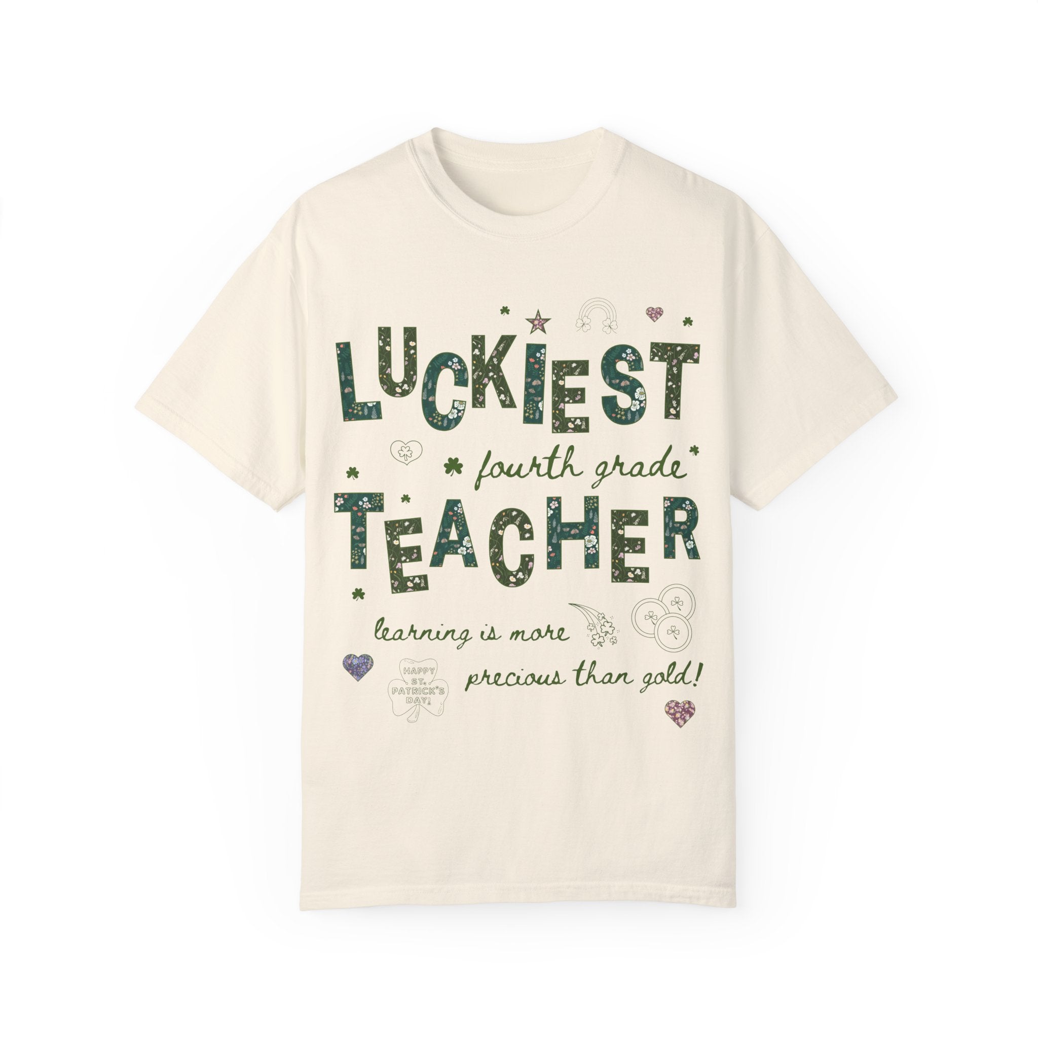 Luckiest Fourth Grade Teacher Tee Shirt for St Patrick's Day: Cute Floral T-Shirt with Doodles for Elementary Education Student Teacher - Opal and June