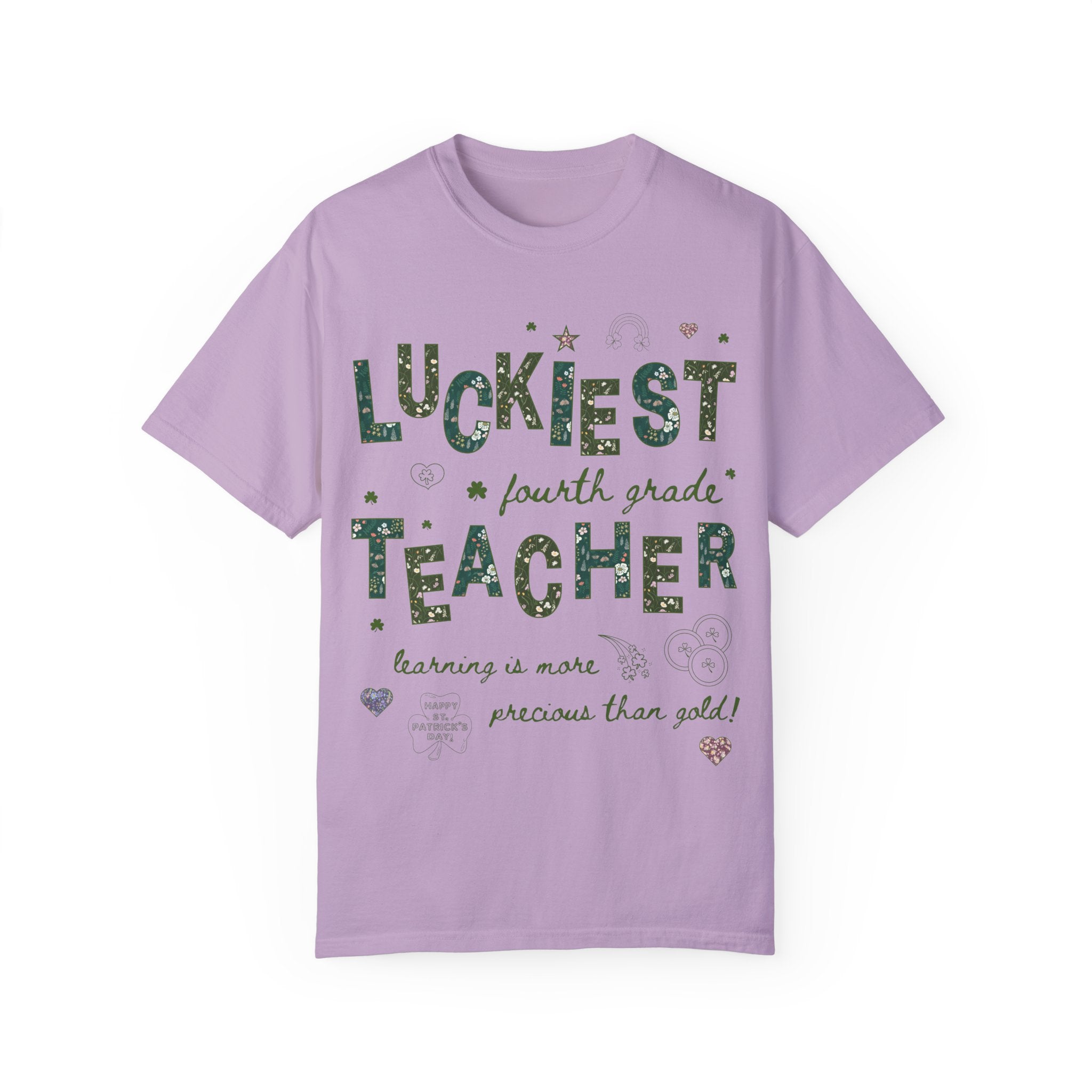 Luckiest Fourth Grade Teacher Tee Shirt for St Patrick's Day: Cute Floral T-Shirt with Doodles for Elementary Education Student Teacher - Opal and June