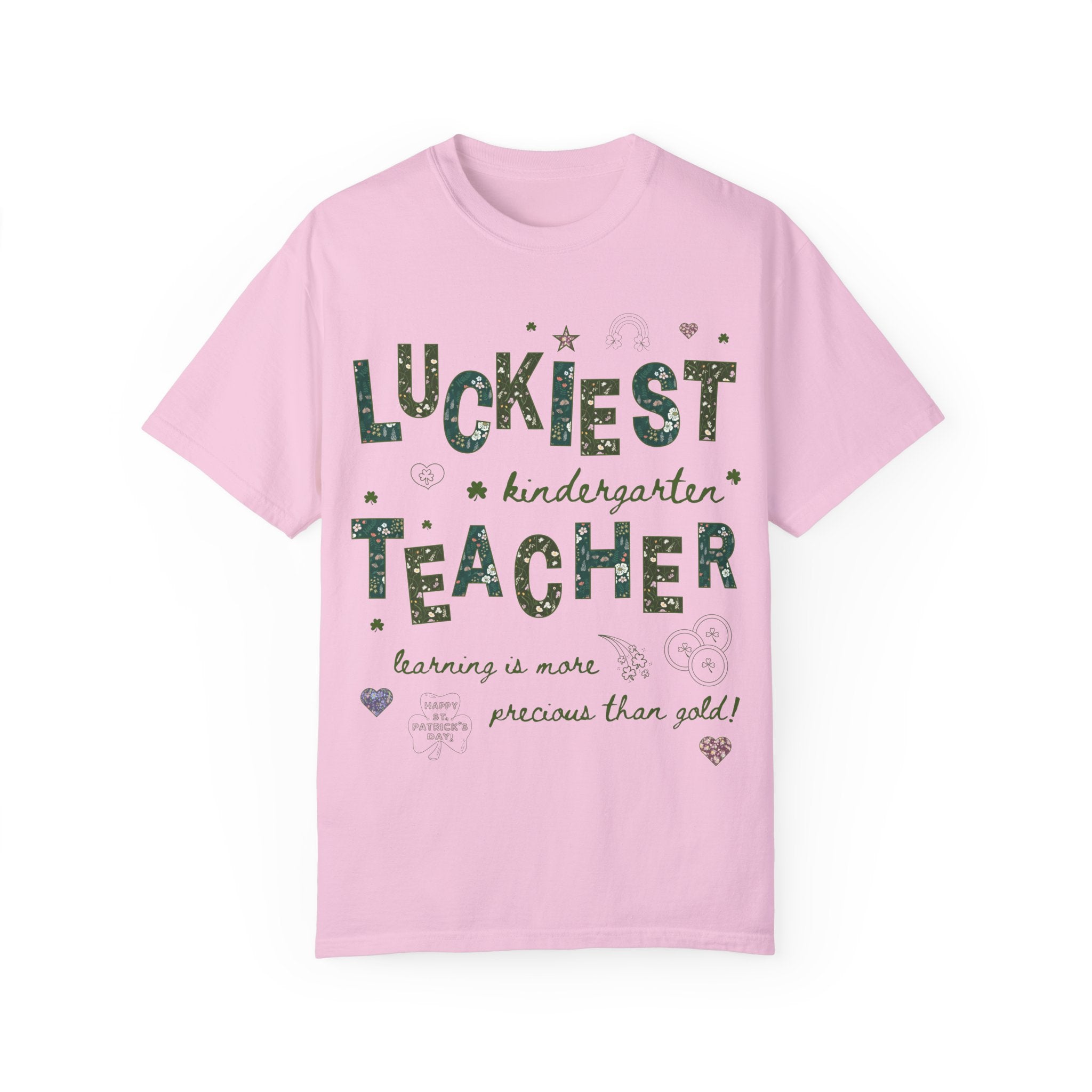 Luckiest Kindergarten Teacher Tee Shirt for St Patrick's Day: Cute Floral T-Shirt with Doodles for Elementary Education Student Teacher - Opal and June