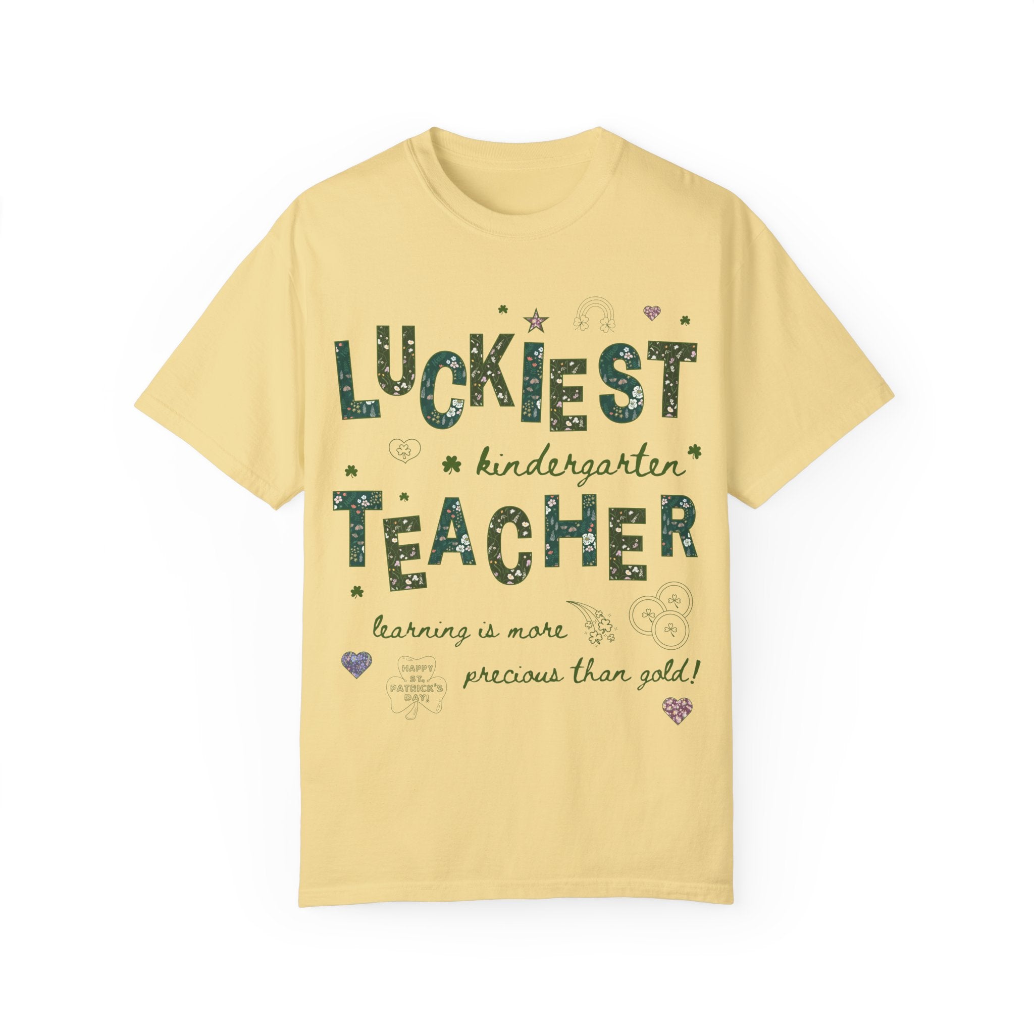 Luckiest Kindergarten Teacher Tee Shirt for St Patrick's Day: Cute Floral T-Shirt with Doodles for Elementary Education Student Teacher - Opal and June