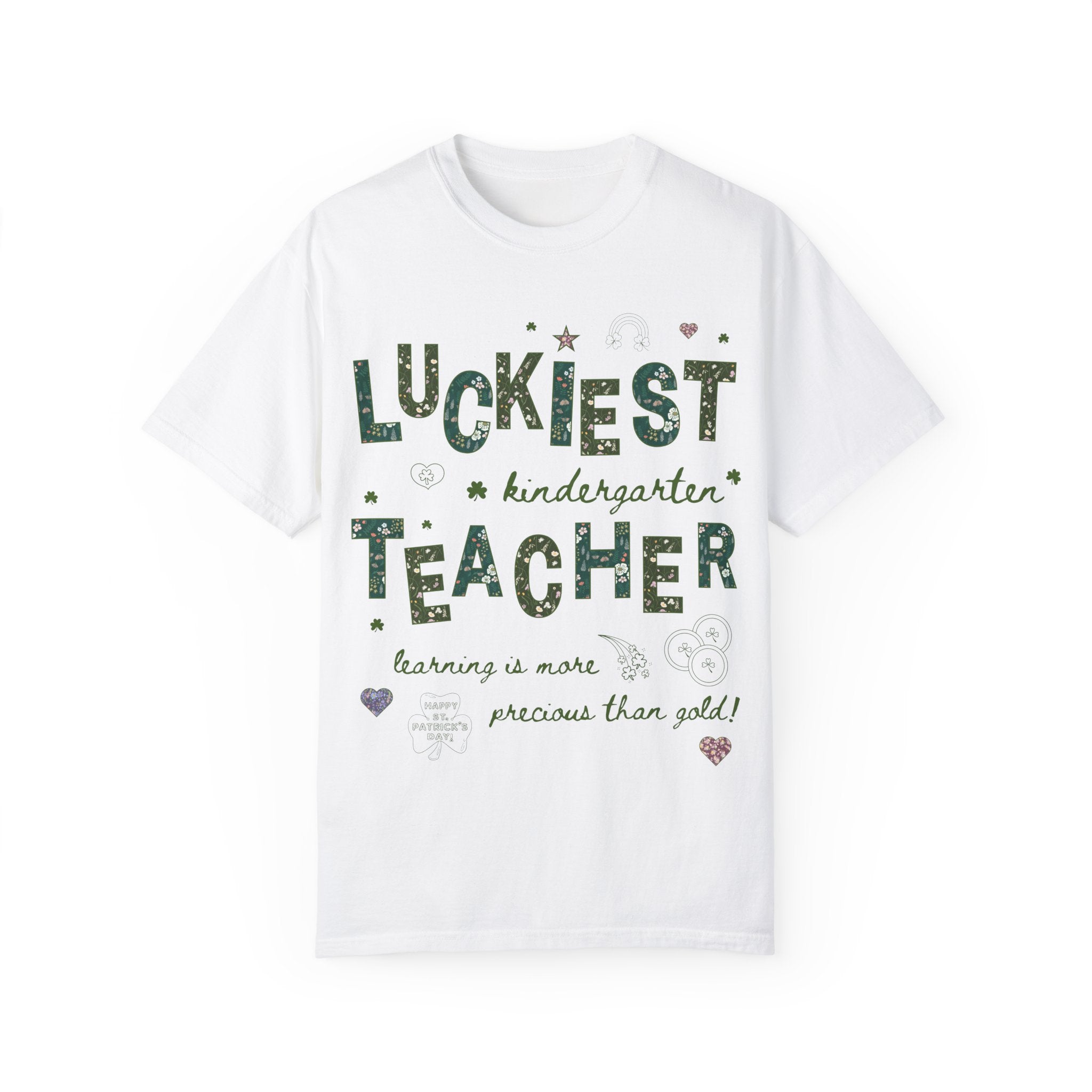 Luckiest Kindergarten Teacher Tee Shirt for St Patrick's Day: Cute Floral T-Shirt with Doodles for Elementary Education Student Teacher - Opal and June