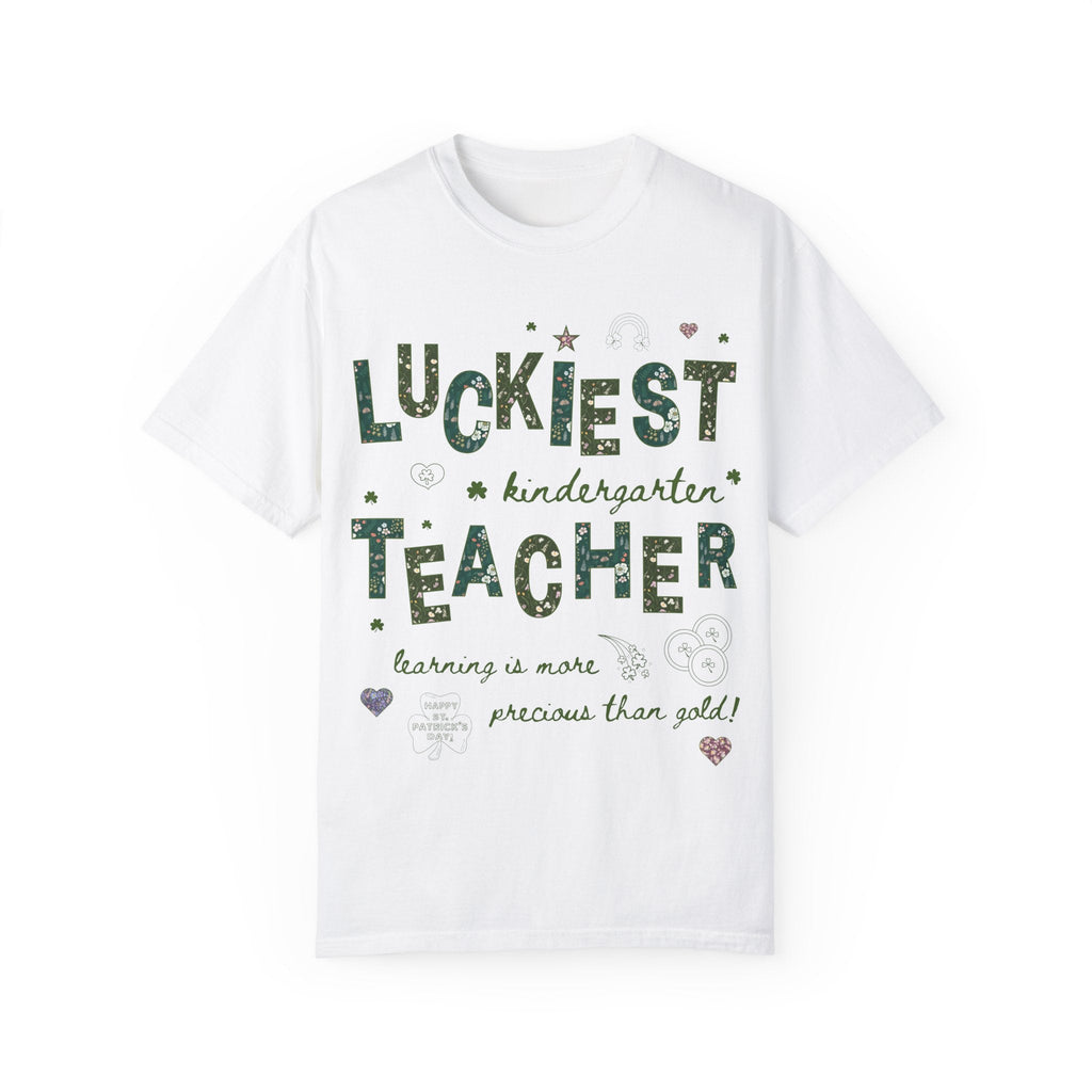 Luckiest Kindergarten Teacher Tee Shirt for St Patrick's Day: Cute Floral T-Shirt with Doodles for Elementary Education Student Teacher - Opal and June