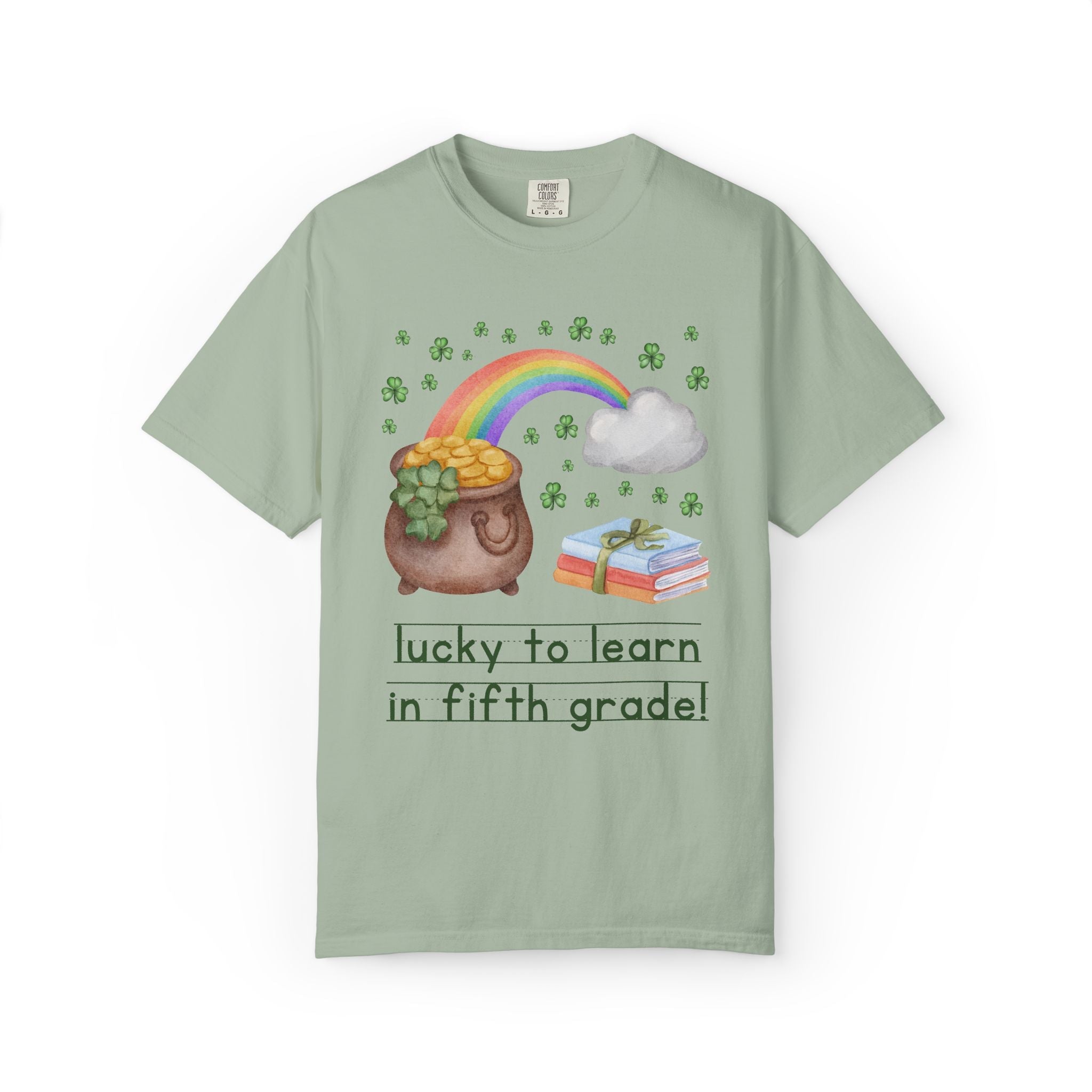 Lucky to Learn in Fifth Grade St Patrick's Day Teacher Tee: Colorful Maximalist 90s Aesthetic Matching Teacher T-Shirt with Rainbow and Clovers - Opal and June