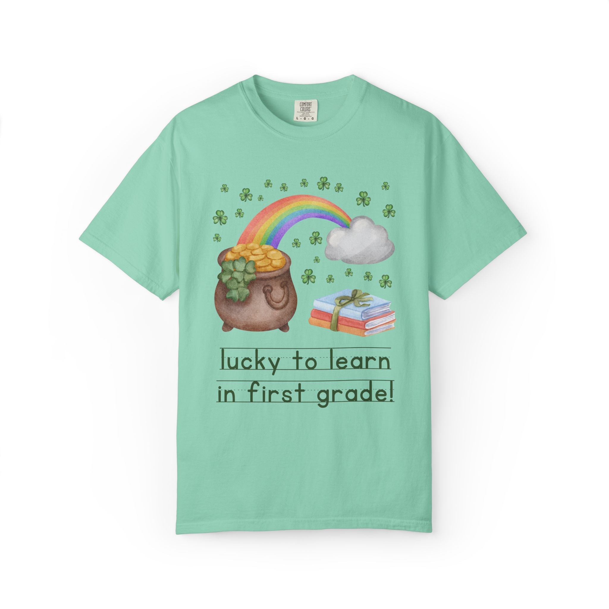 Lucky to Learn in First Grade St Patrick's Day Teacher Tee: Colorful Maximalist 90s Aesthetic Matching Teacher T-Shirt with Rainbow and Clovers - Opal and June