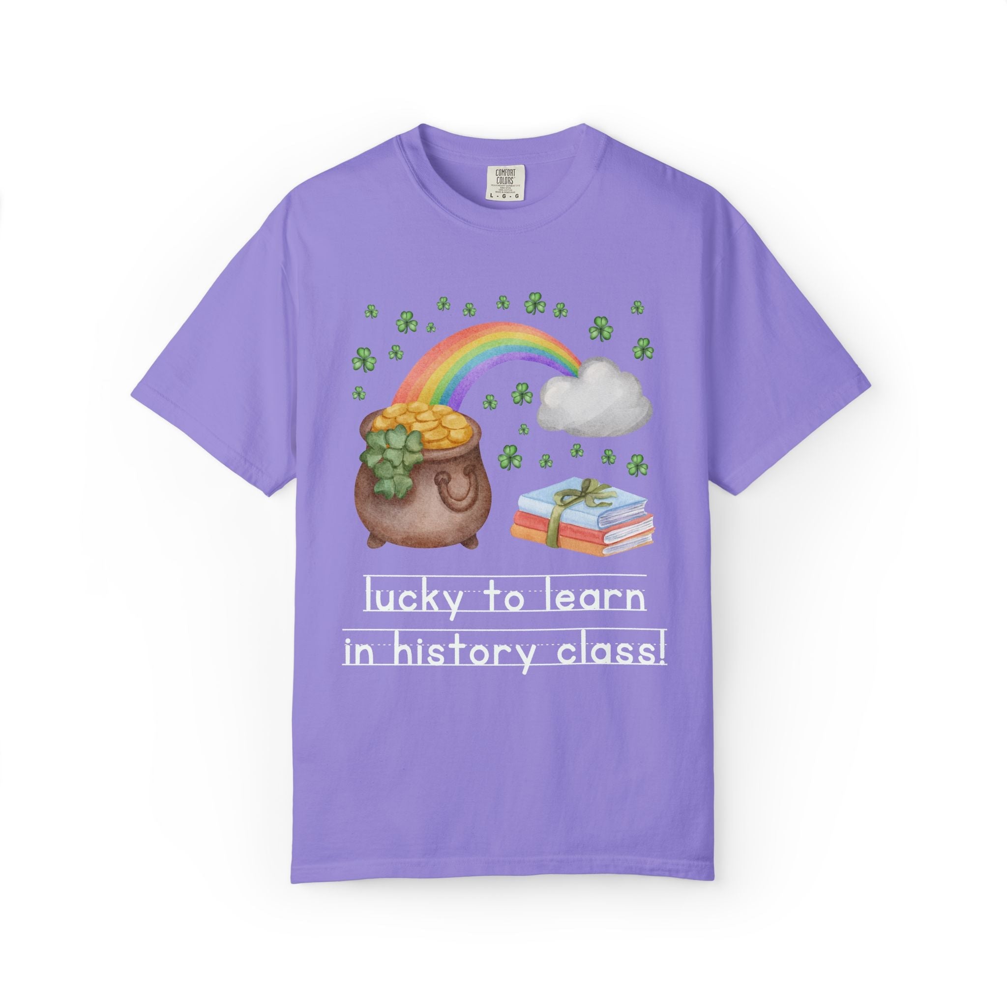 Lucky to Learn in History Class St Patrick's Day Teacher Tee: Colorful Maximalist 90s Aesthetic Matching Teacher T-Shirt with Rainbow and Clovers - Opal and June
