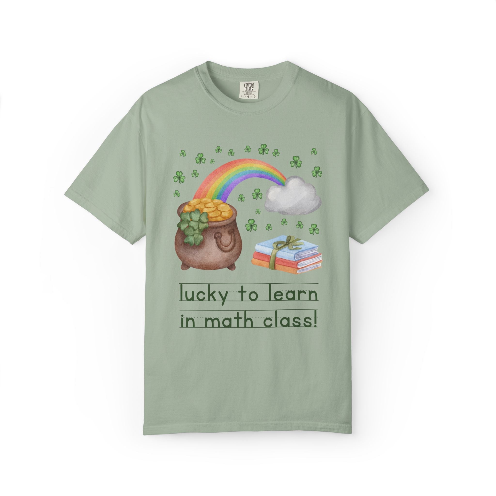 Lucky to Learn in Math Class St Patrick's Day Teacher Tee: Colorful Maximalist 90s Aesthetic Matching Teacher T-Shirt with Rainbow and Clovers - Opal and June