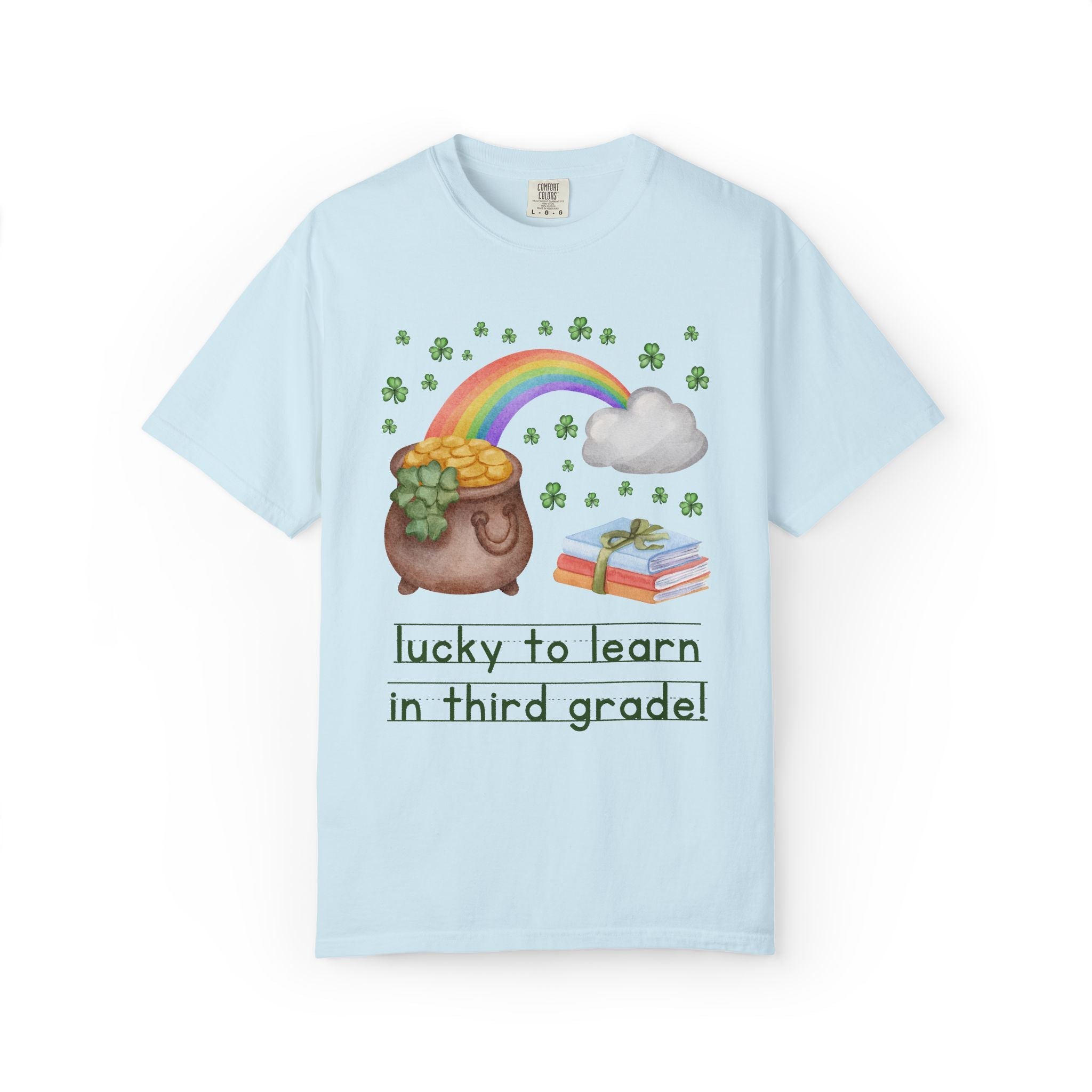 Lucky to Learn in Third Grade St Patrick's Day Teacher Tee: Colorful Maximalist 90s Aesthetic Matching Teacher T-Shirt with Rainbow and Clovers - Opal and June