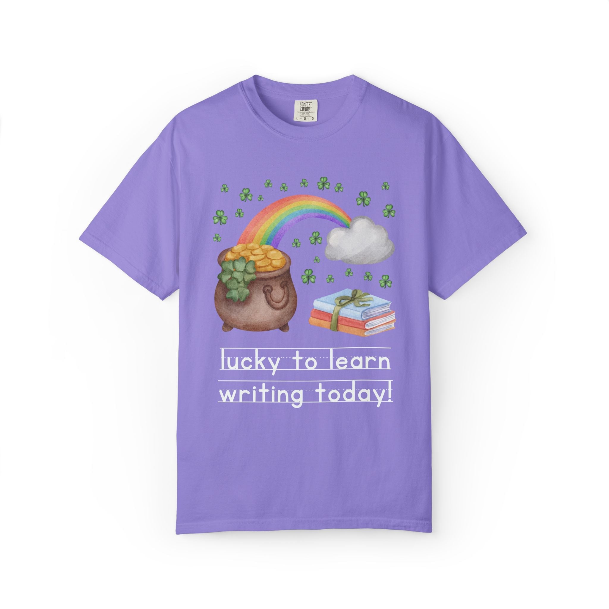 Lucky to Learn Writing Today St Patrick's Day Teacher Tee: Colorful Maximalist 90s Aesthetic Matching Teacher T-Shirt with Rainbow and Clovers - Opal and June