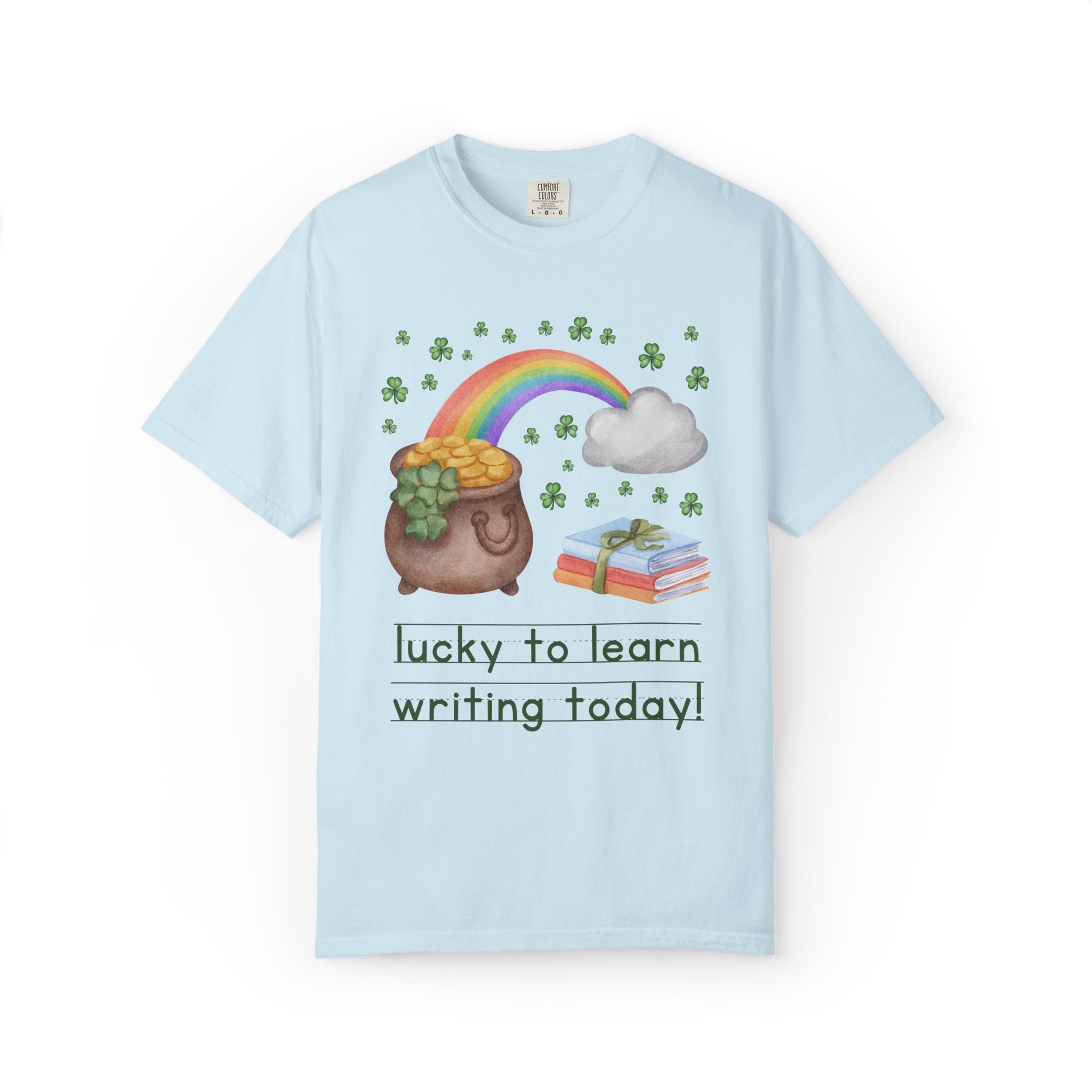 Lucky to Learn Writing Today St Patrick's Day Teacher Tee: Colorful Maximalist 90s Aesthetic Matching Teacher T-Shirt with Rainbow and Clovers - Opal and June