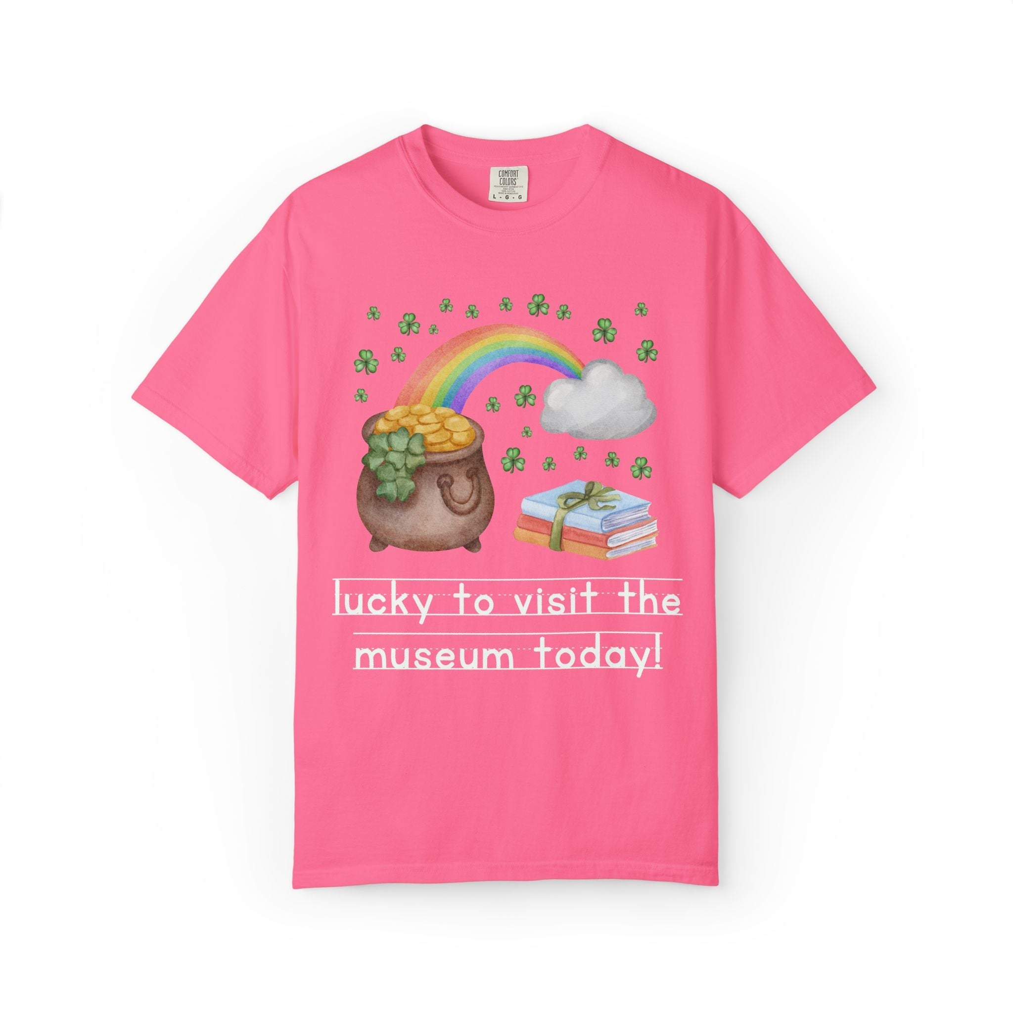 Lucky to Visit the Museum Today St Patrick's Day Teacher Tee: Colorful Maximalist 90s Aesthetic Matching Teacher T-Shirt with Rainbow and Clovers - Opal and June