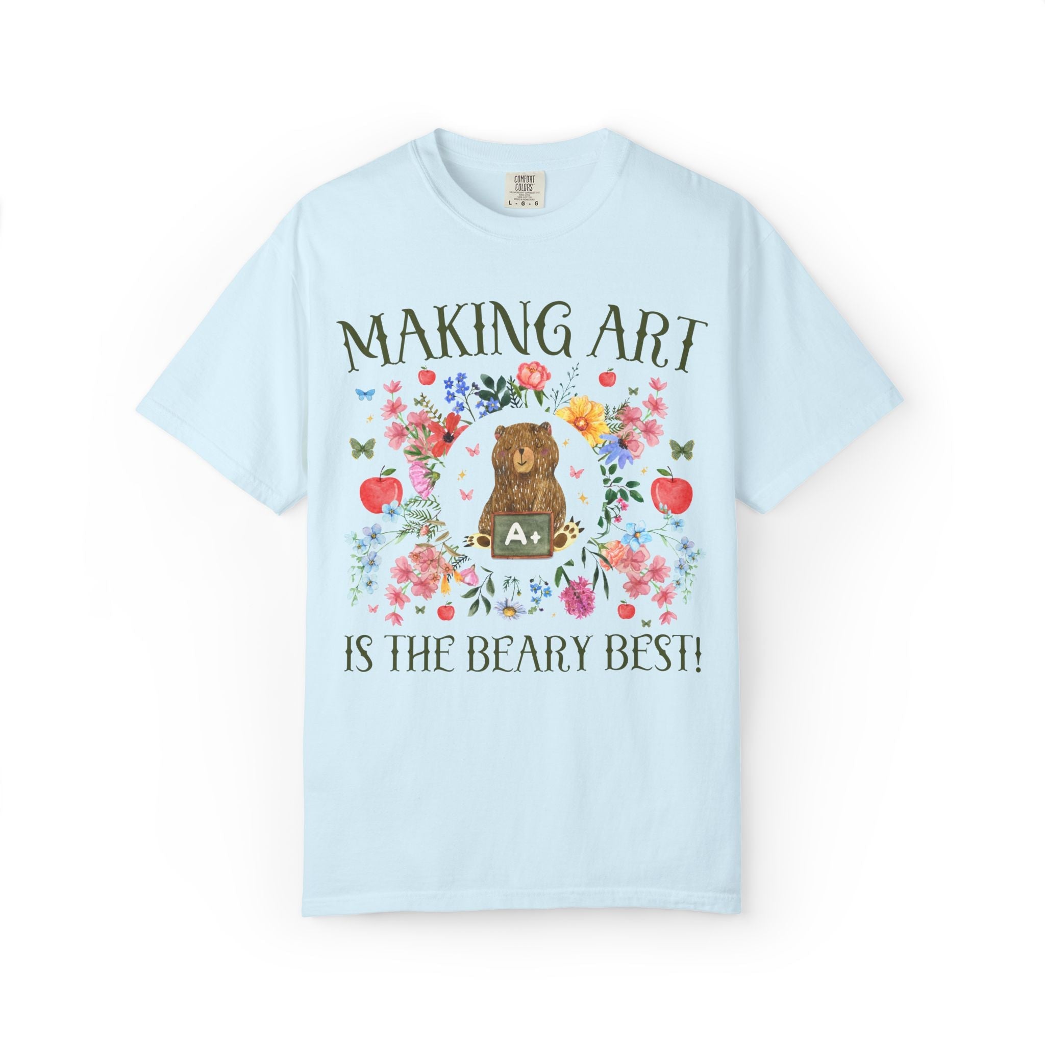 Making Art is The Beary Best Matching Teacher T-Shirt with Flowers and Cute Cottagecore Bear, Back to School Goblincore Tee - Opal and June