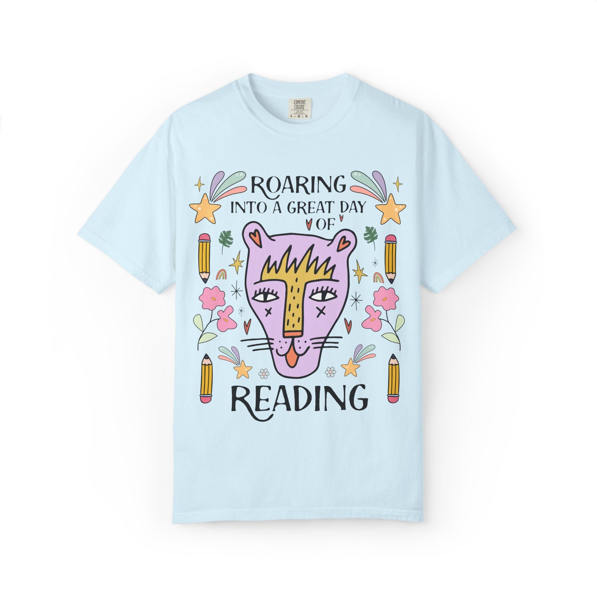 Matching Librarian Tee Shirt: Roaring Into a Great Day of Reading | Cute Matching Teacher or School Office Staff Tee, Pencils and Flowers - Opal and June