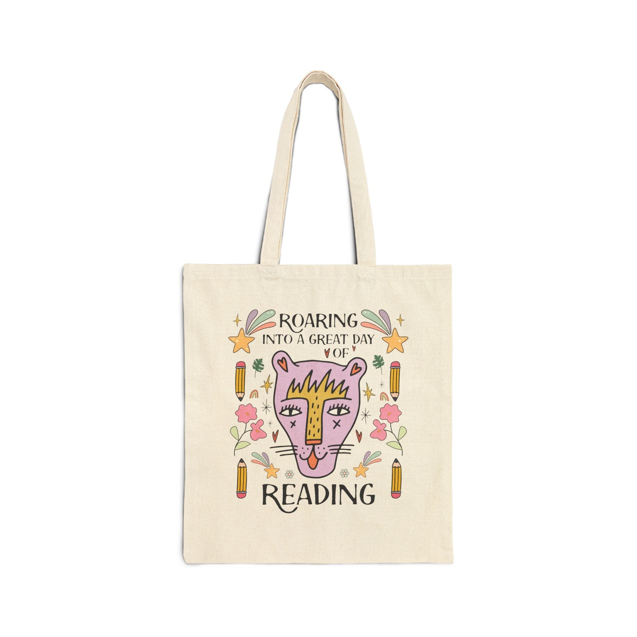 Matching Librarian Tote Bag: Roaring Into a Great Day of Reading | Cute Matching Teacher or School Office Staff Tote, Pencils and Flowers - Opal and June