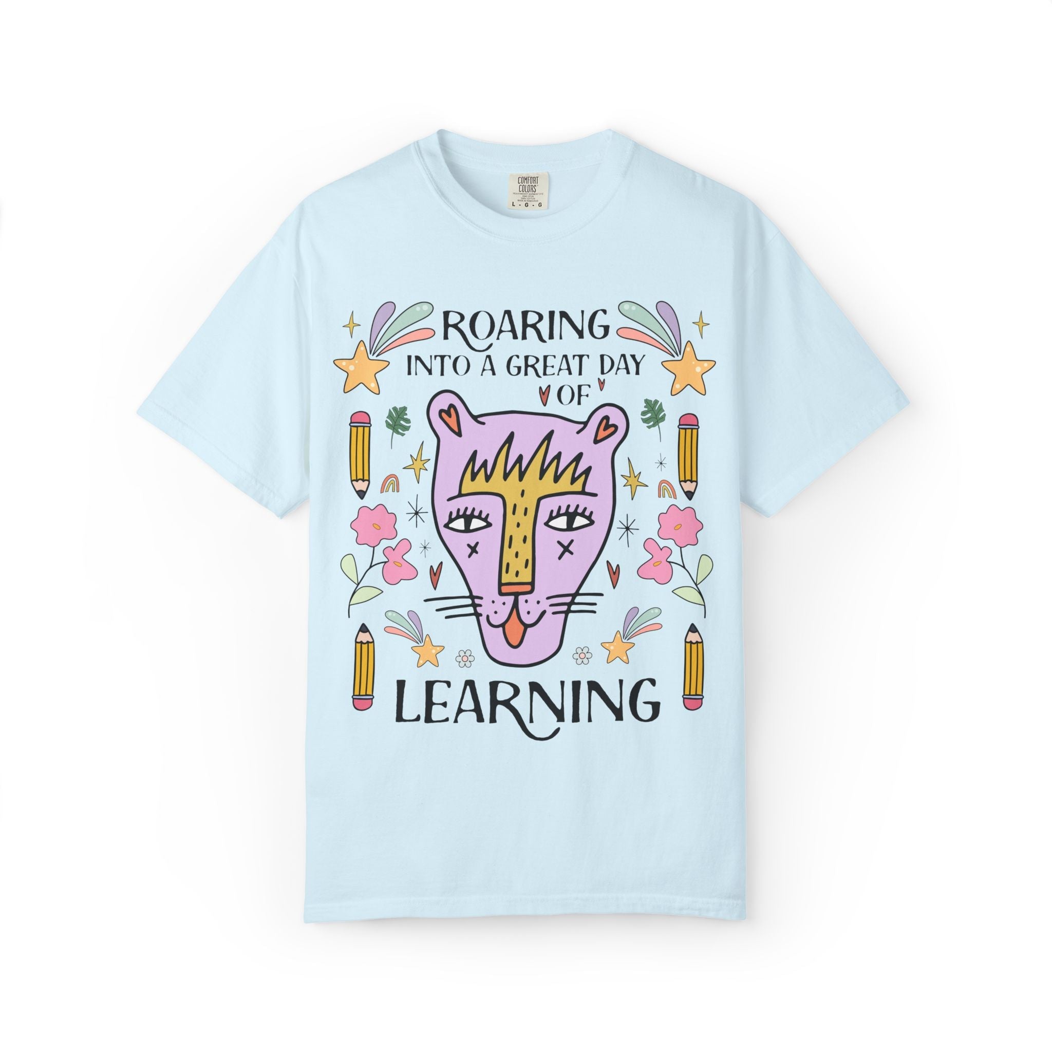 Matching Teacher Tee Shirt: Roaring Into a Great Day of Learning | Cute Matching Teacher or School Office Staff Tee with Pencils and Flowers - Opal and June