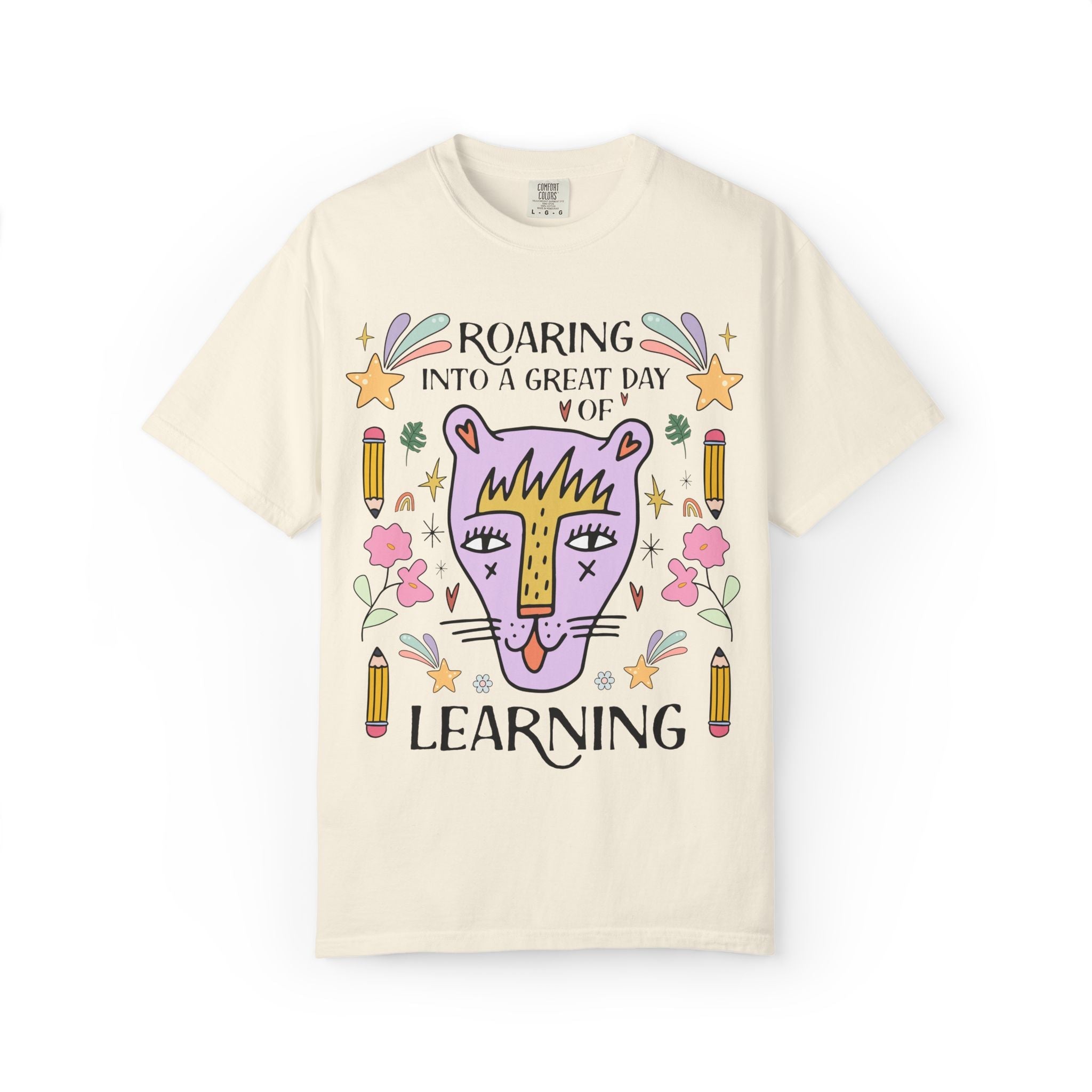 Matching Teacher Tee Shirt: Roaring Into a Great Day of Learning | Cute Matching Teacher or School Office Staff Tee with Pencils and Flowers - Opal and June