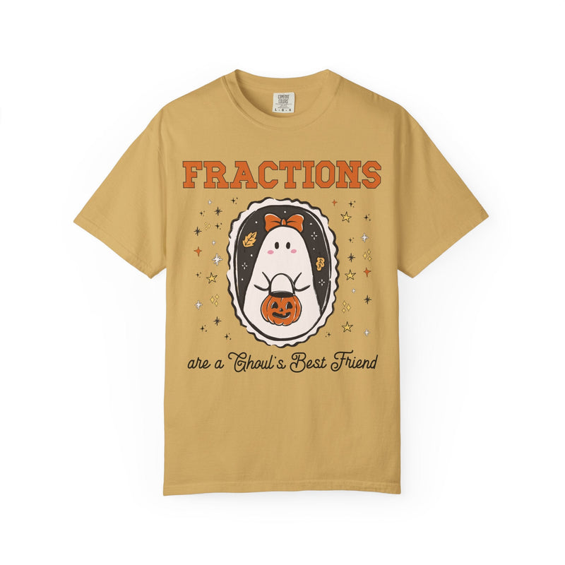 Math Teacher Halloween Fraction Tee Shirt for Third Grade Crew, Fourth Grade Teacher T-Shirt for Halloween with Cute Ghost Holding a Pumpkin - Opal and June