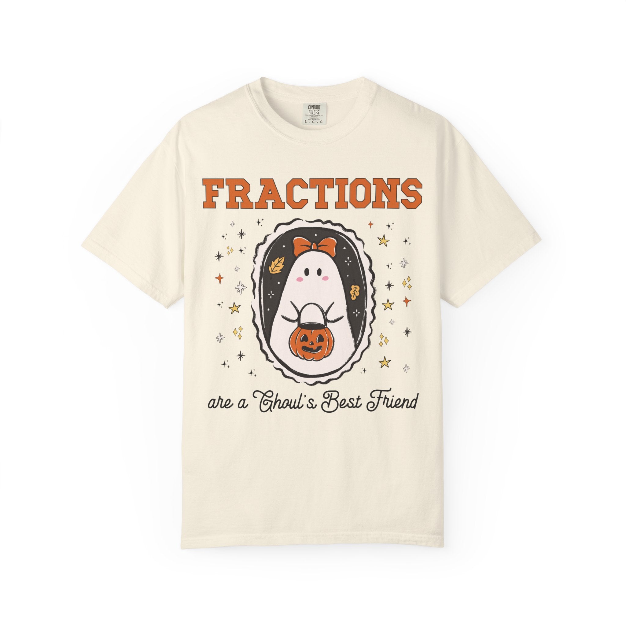 Math Teacher Halloween Fraction Tee Shirt for Third Grade Crew, Fourth Grade Teacher T-Shirt for Halloween with Cute Ghost Holding a Pumpkin - Opal and June