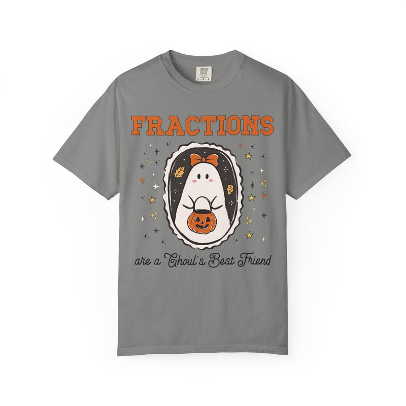 Math Teacher Halloween Fraction Tee Shirt for Third Grade Crew, Fourth Grade Teacher T-Shirt for Halloween with Cute Ghost Holding a Pumpkin - Opal and June