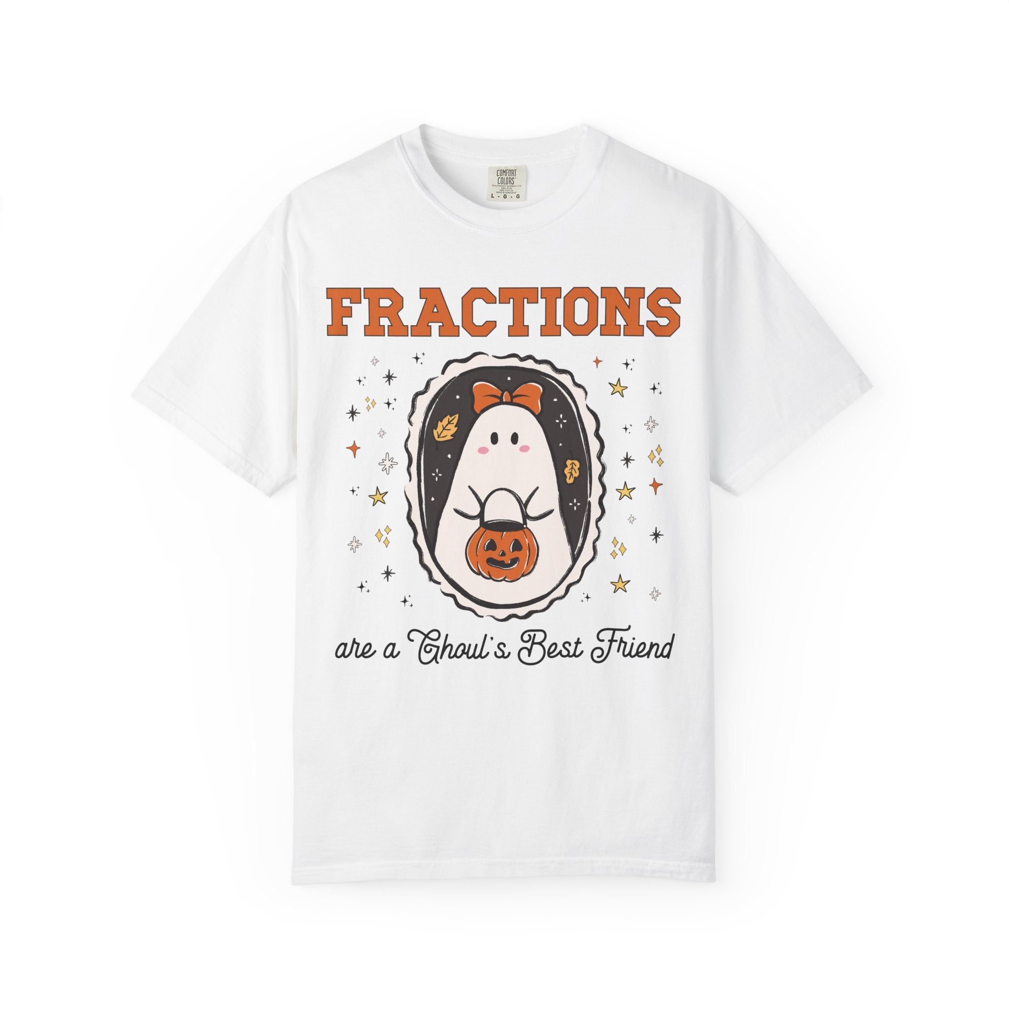 Math Teacher Halloween Fraction Tee Shirt for Third Grade Crew, Fourth Grade Teacher T-Shirt for Halloween with Cute Ghost Holding a Pumpkin - Opal and June