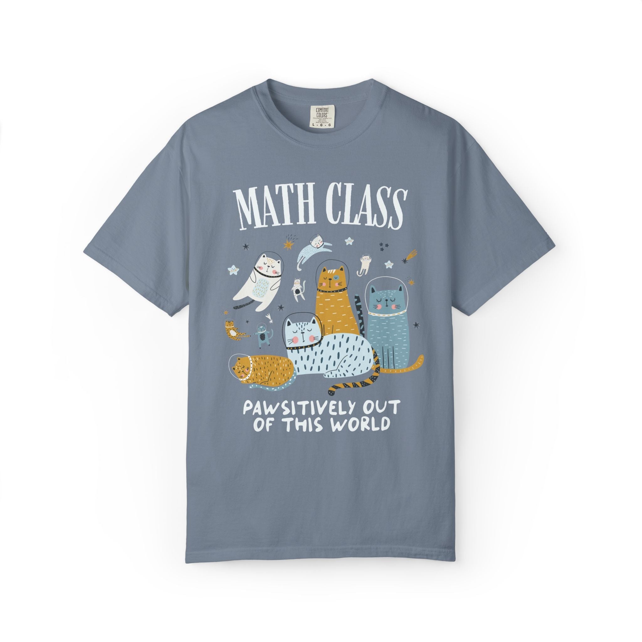 Math Teacher Space Cat Tee Shirt with Astronaut Kittens and Stars: Pawsitively Out of This World Teacher Team T-Shirt for Cat Lover - Opal and June