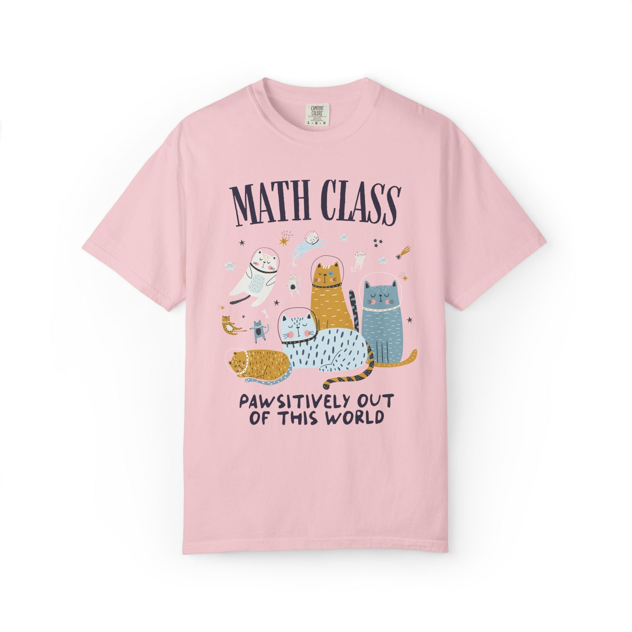 Math Teacher Space Cat Tee Shirt with Astronaut Kittens and Stars: Pawsitively Out of This World Teacher Team T-Shirt for Cat Lover - Opal and June