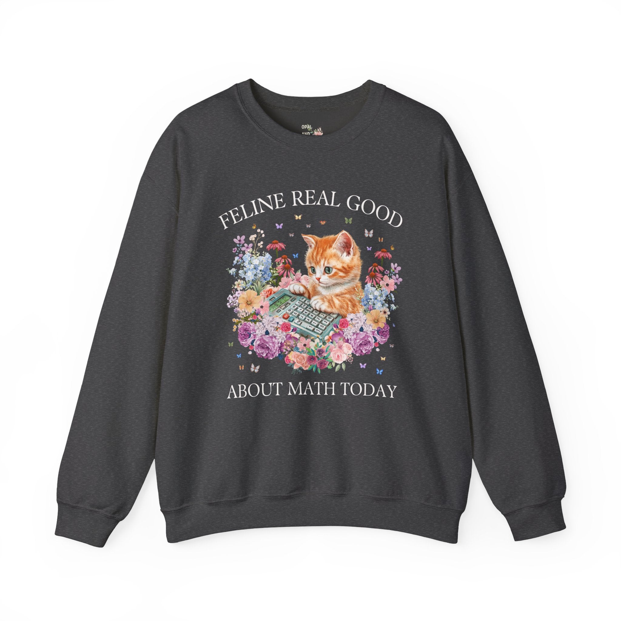 Math Teacher Sweatshirt for Middle School Cat Mom or Cat Dad Who Loves Math and Flowers: Feline Real Good About Math Today, Funny Saying - Opal and June