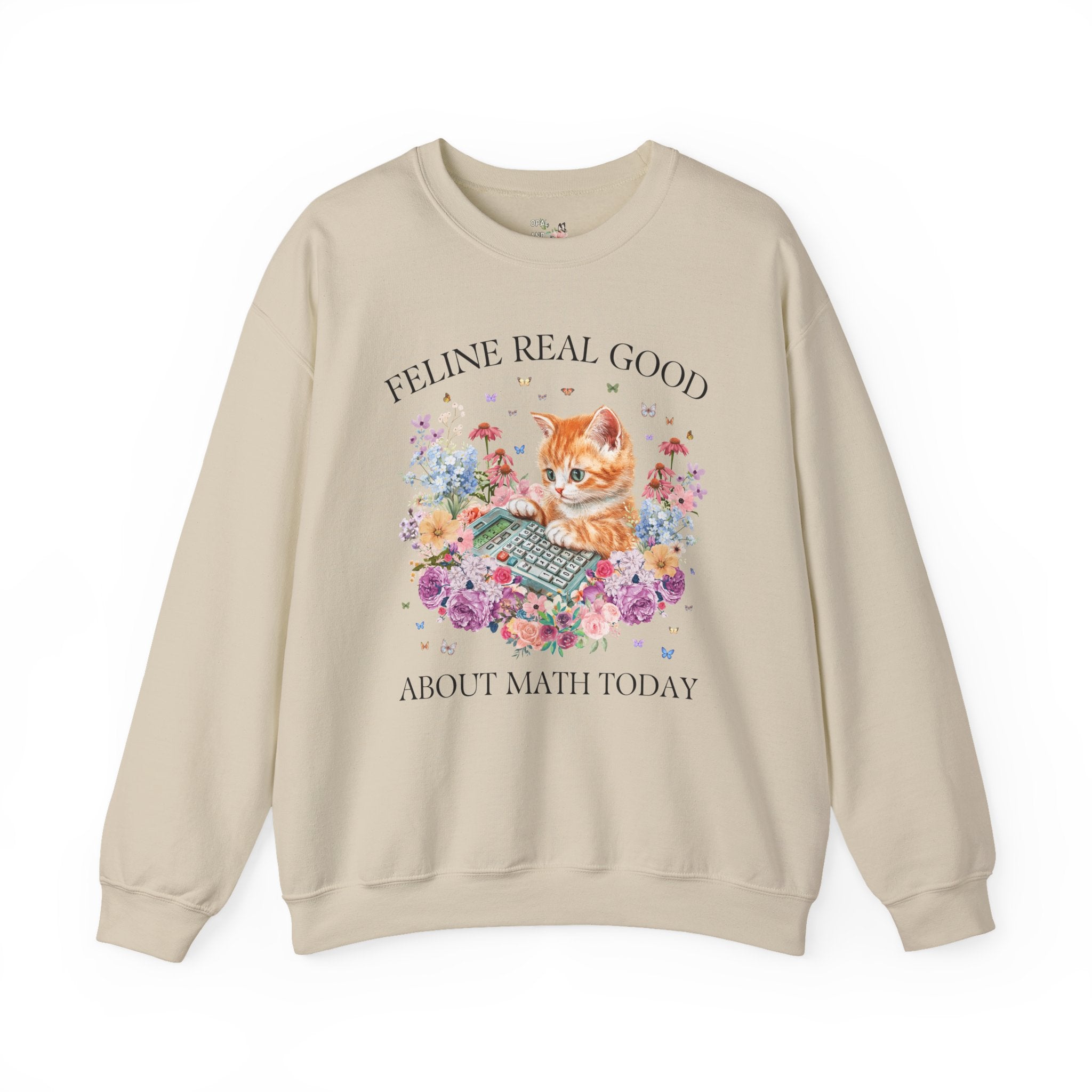 Math Teacher Sweatshirt for Middle School Cat Mom or Cat Dad Who Loves Math and Flowers: Feline Real Good About Math Today, Funny Saying - Opal and June